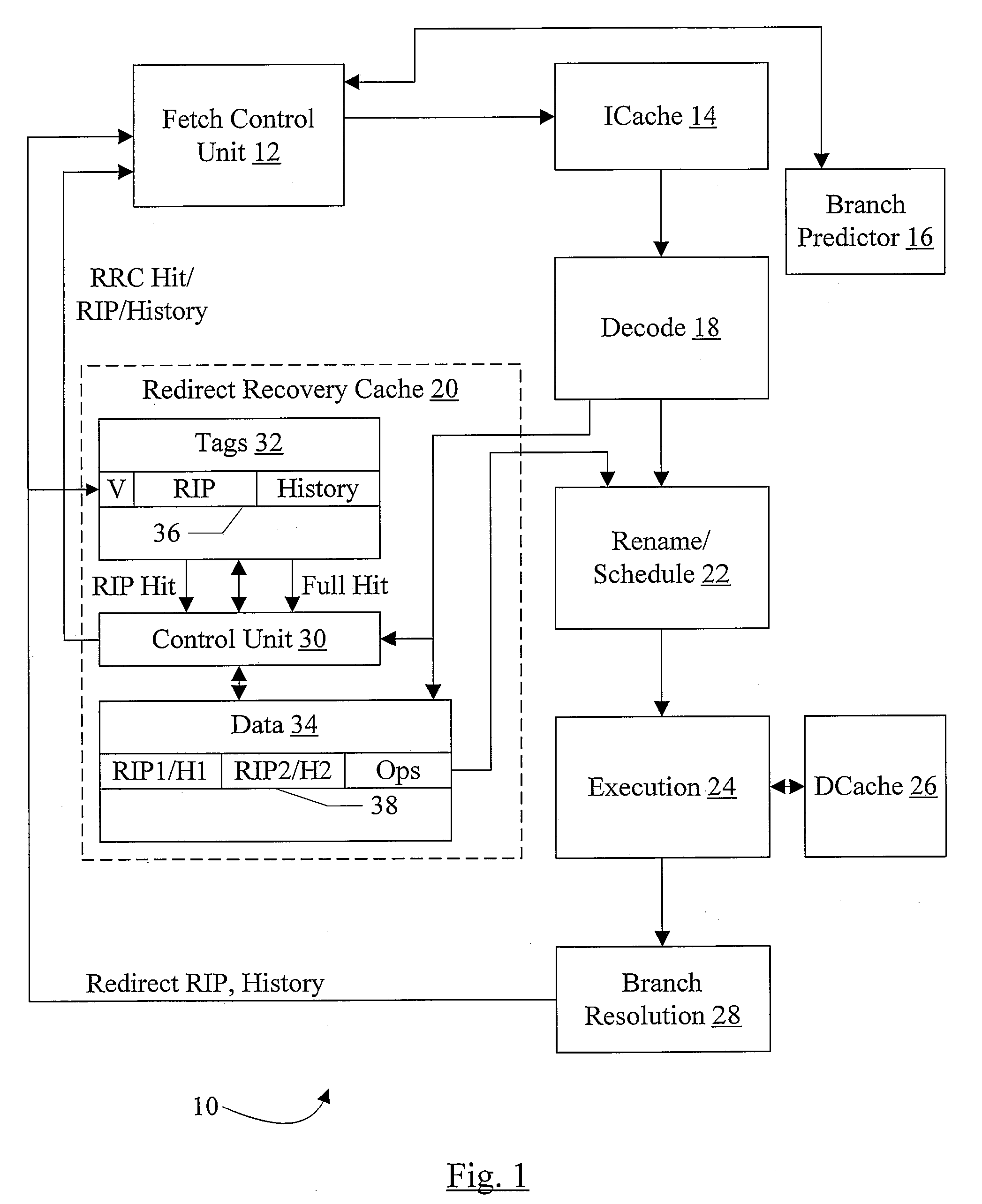 Redirect recovery cache that receives branch misprediction redirects and caches instructions to be dispatched in response to the redirects