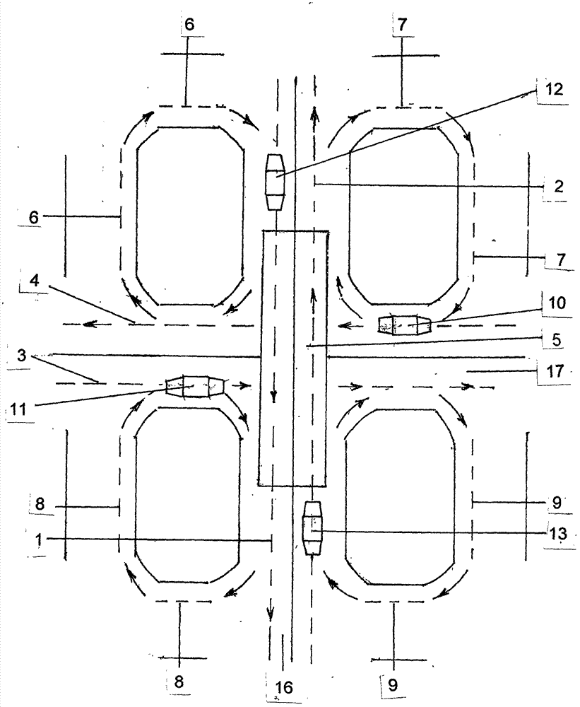 Traffic channel design for passing motor vehicles through intersection in no need of crosswise running