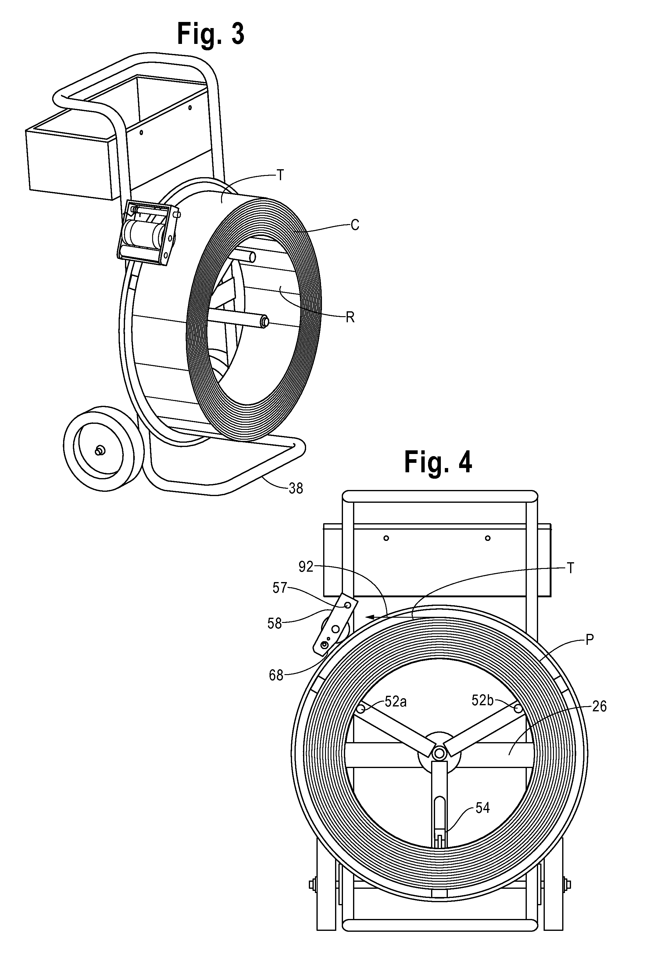 Cart type strap dispenser with improved strap brake/payout assembly