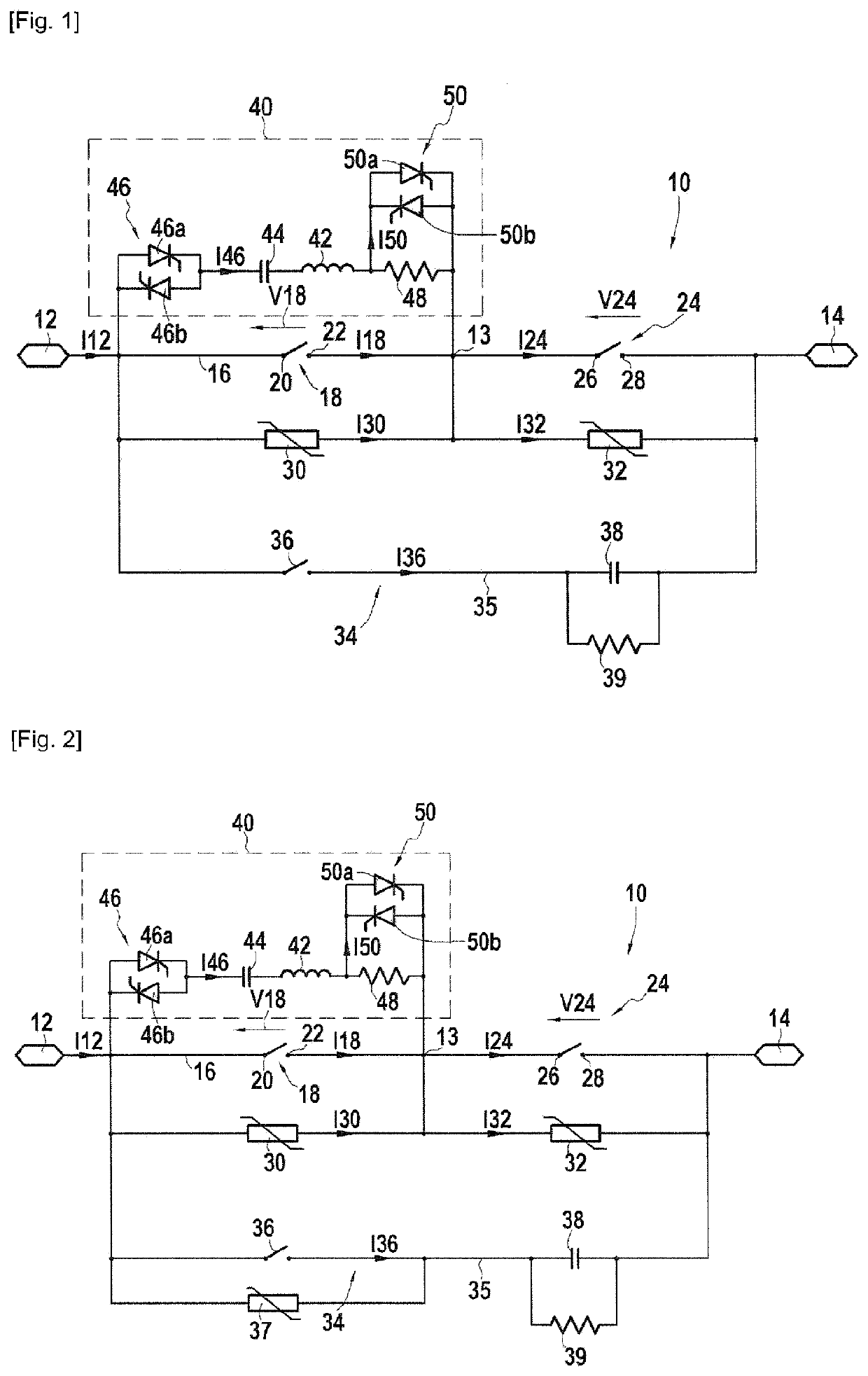 Current cut-off device for high-voltage direct current with capacitive buffer circuit, and control method