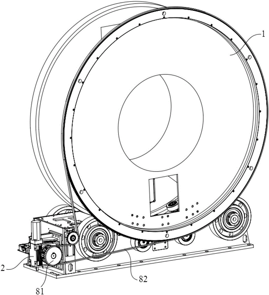 Rack rotary motion stop device and linear accelerator