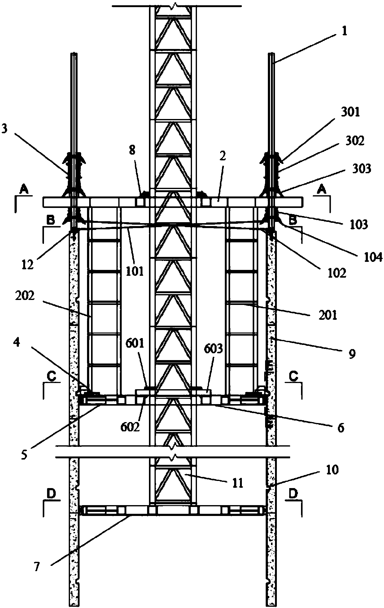 Synchronous hoisting device for steel column casing rack alternate support type steel platform and tower crane and hoisting method of synchronous hoisting device
