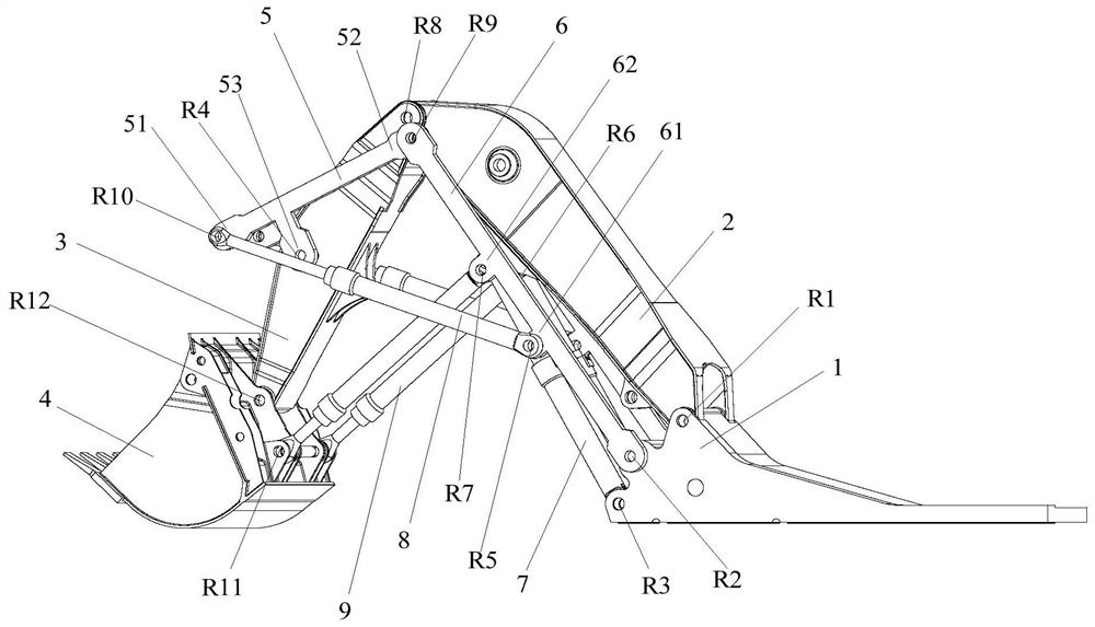 Carrying and loading mechanism for increased boom and arm travel and arm drive force