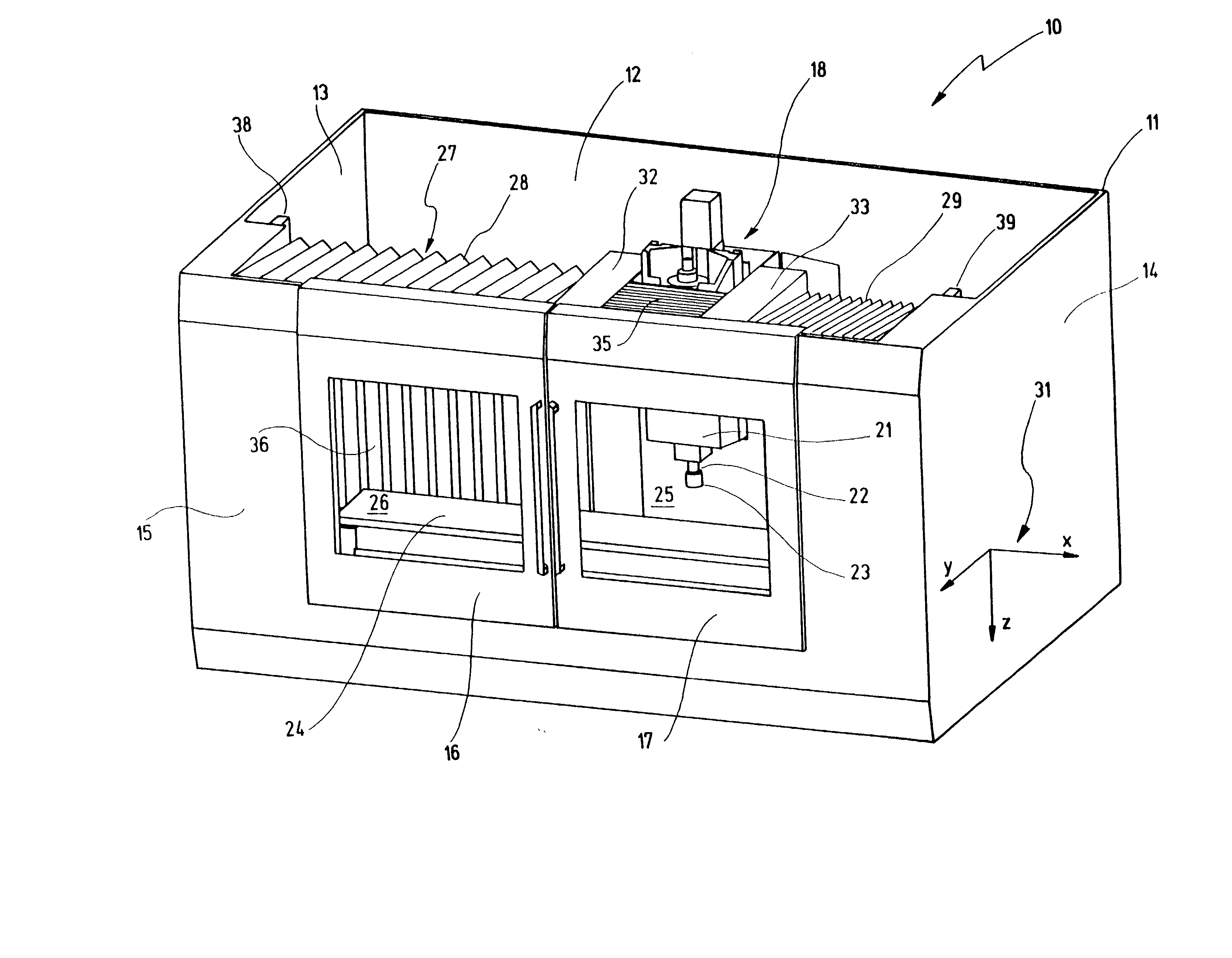 Machine tool with roof covering bellow
