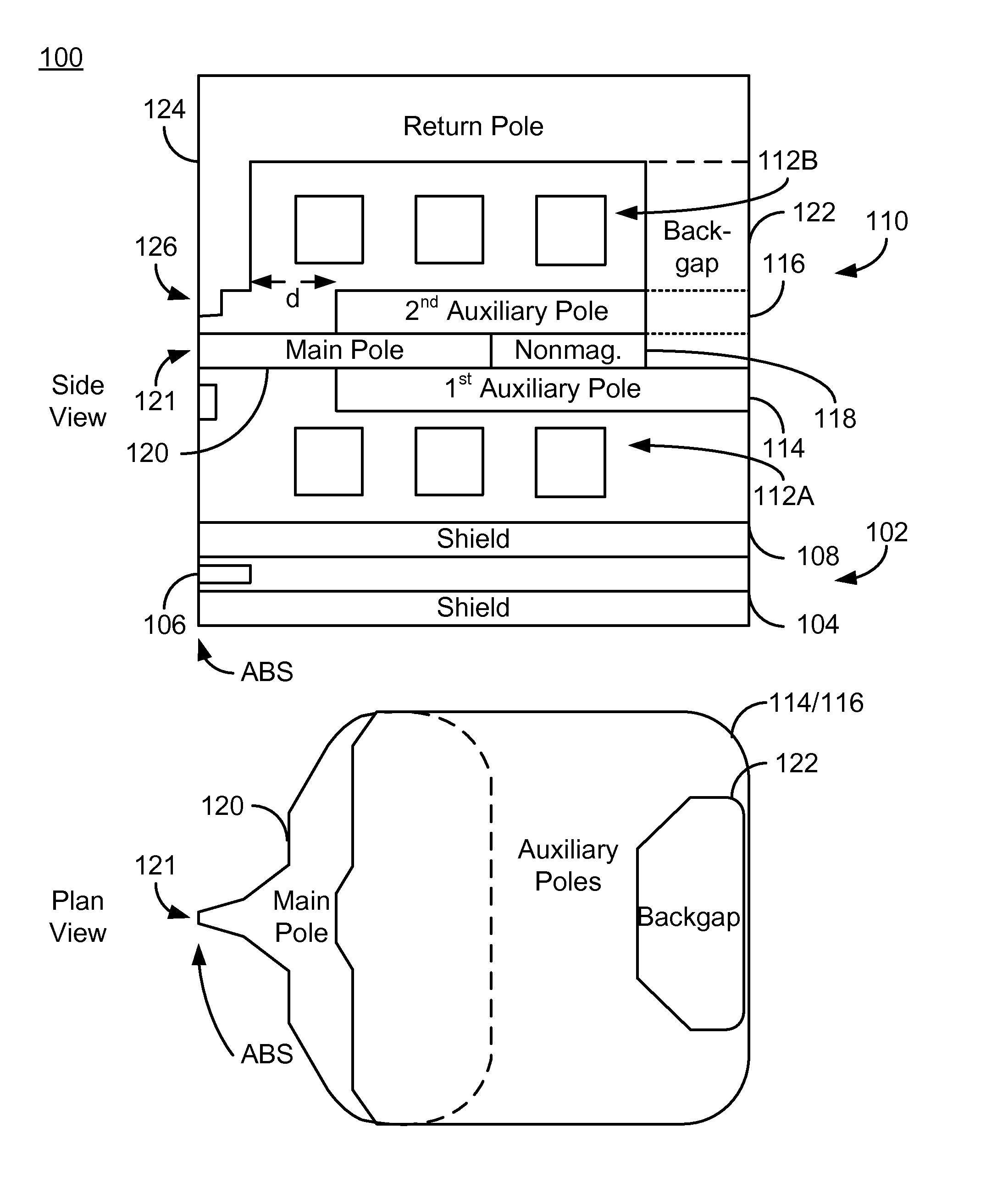 Method and system for providing a transducer having dual, ABS recessed auxiliary poles on opposite sides of a main pole with non-magnetic spacer adjoining back portion of main pole and positioned between auxiliary poles