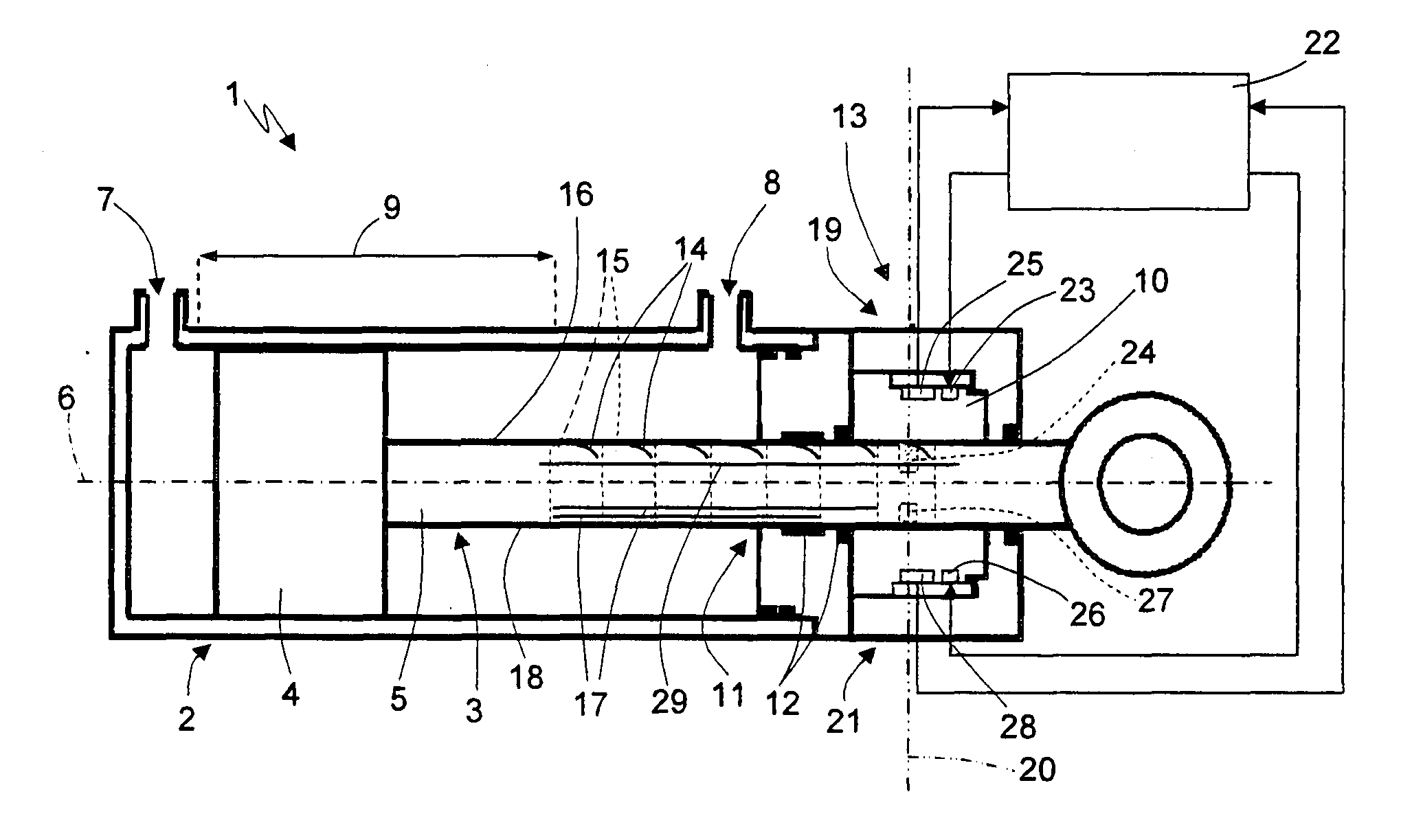 System for determining the position of a piston along its path of travel for a fluid-dynamic actuator