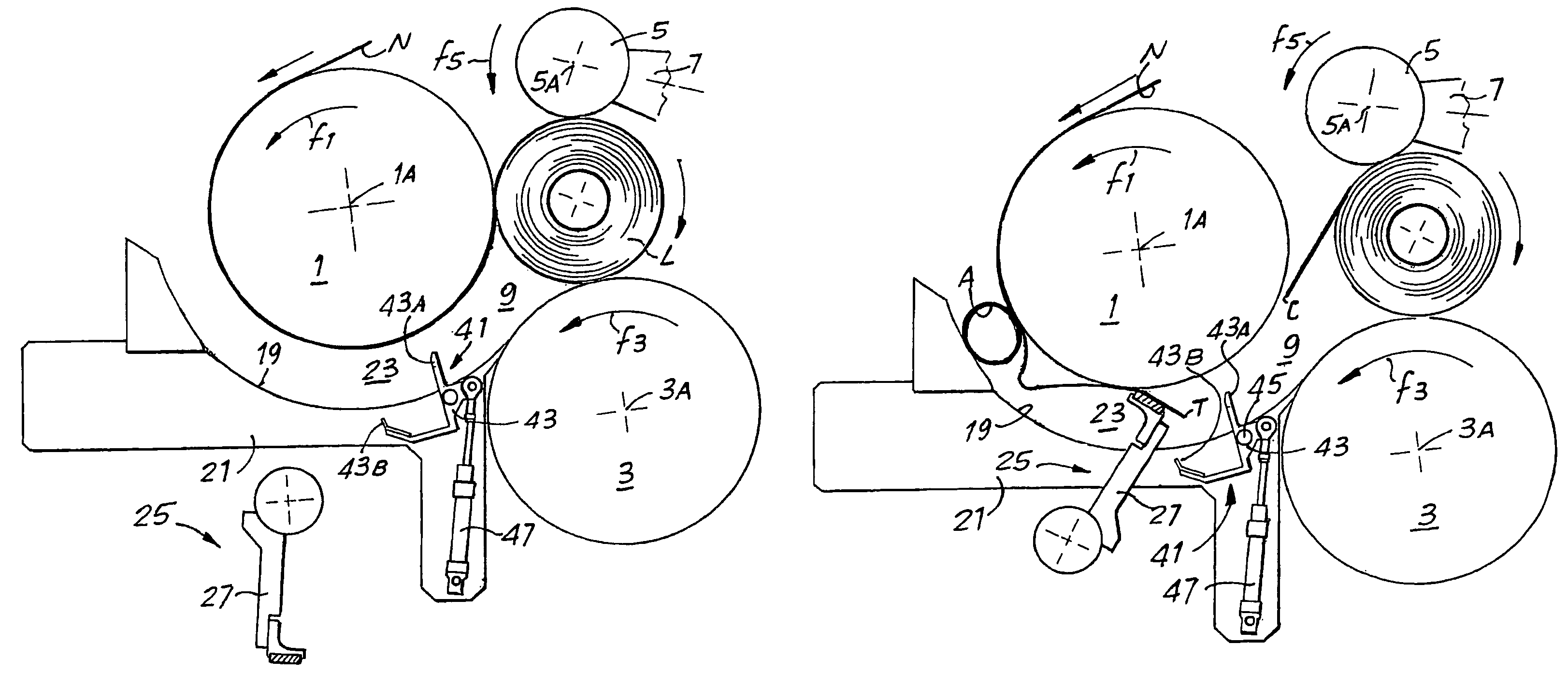 Method and machine for forming logs of web material, with a mechanical device for forming the initial turn of the logs