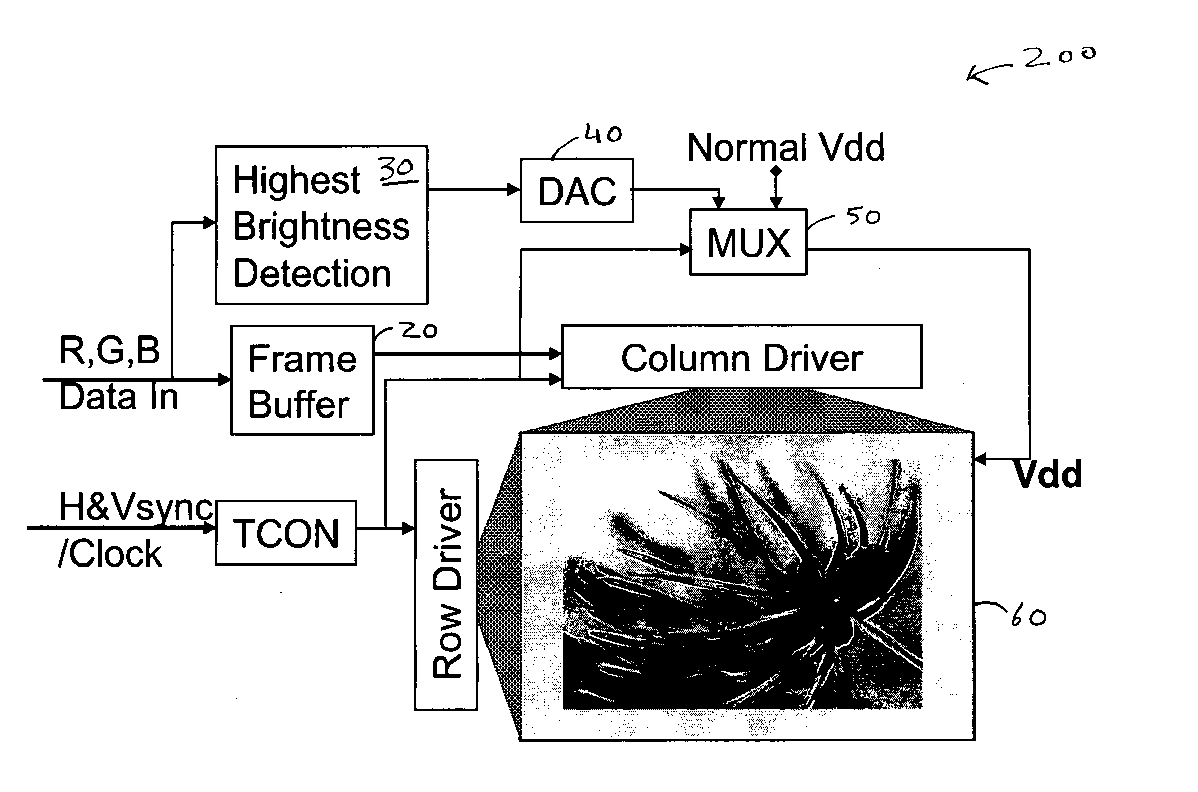 Method and apparatus for image based power control of drive circuitry of a display pixel