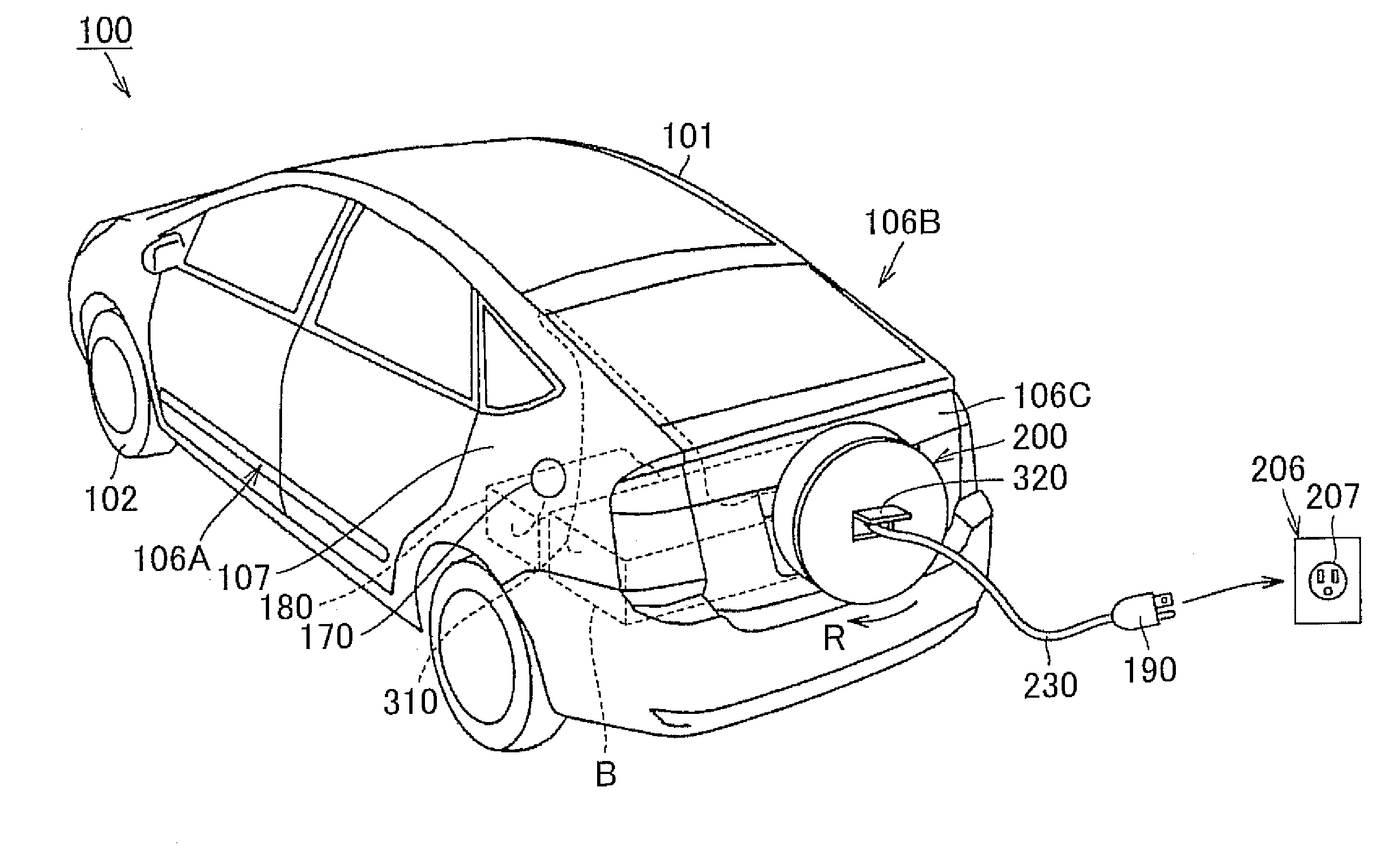 Charging cable-housing device and vehicle