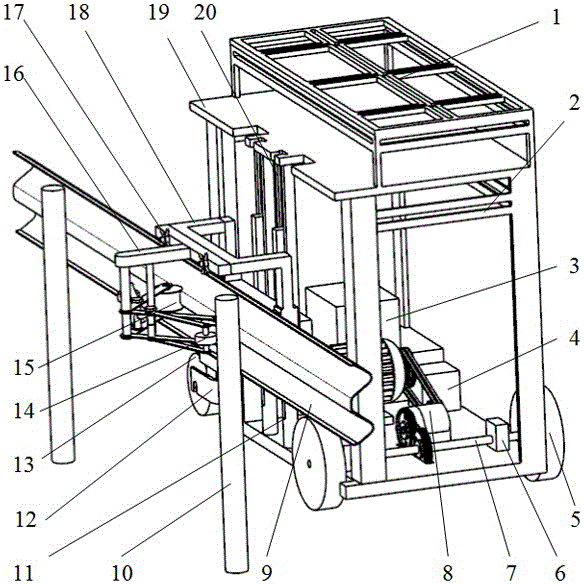 A self-propelled working platform with the ability to overcome obstacles with the corrugated beam guardrail of the expressway as the guide rail