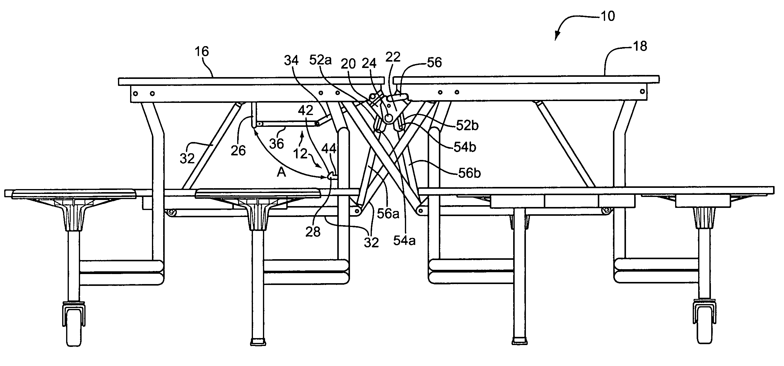 Mobile folding table with improved locking and lift-assisting mechanisms
