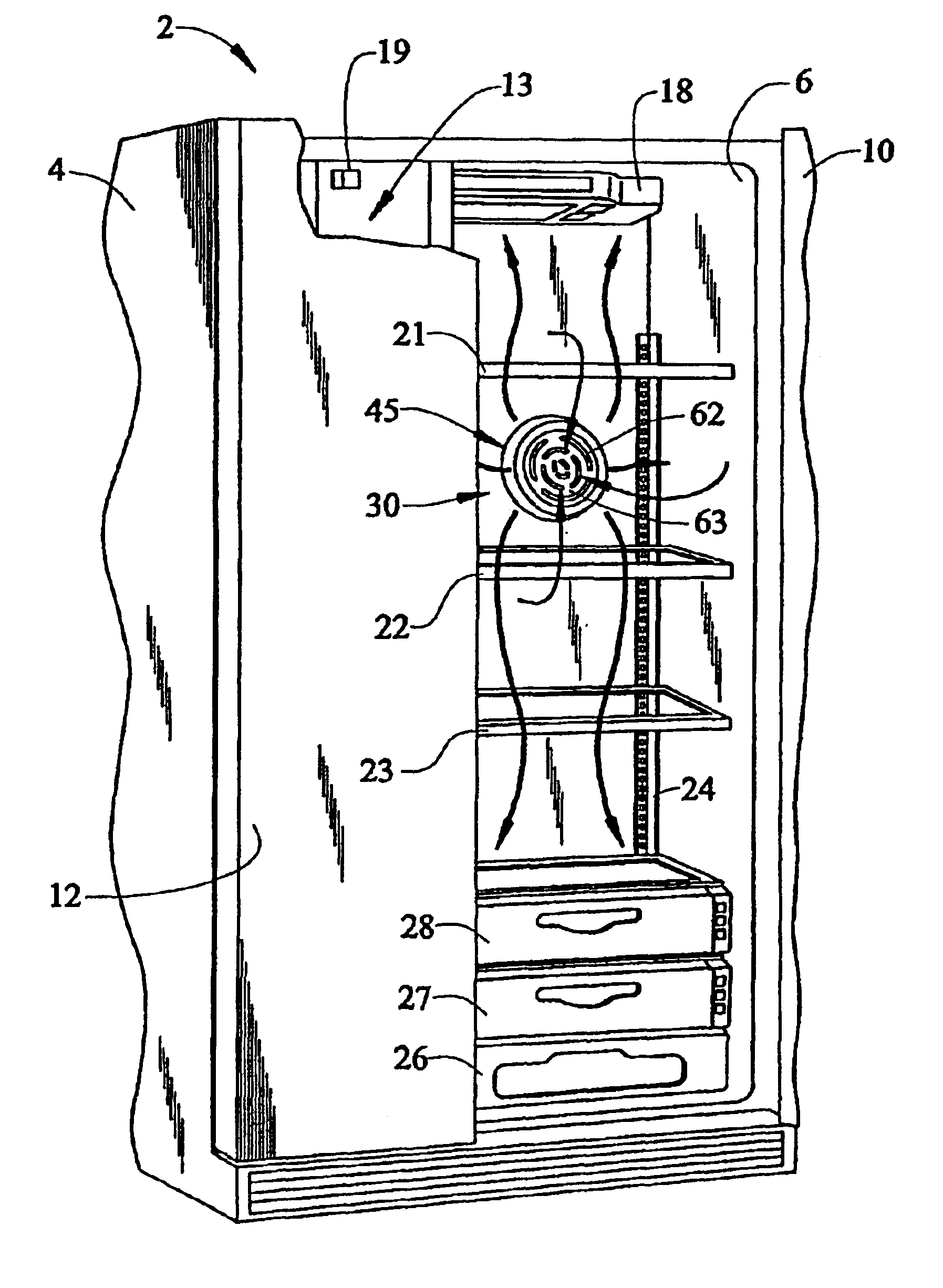 Air circulation and filtration system for a refrigerator