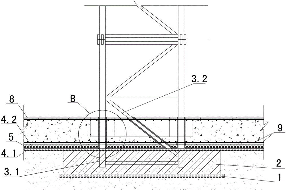 Tower crane base structure in range of base bottom plate and construction method thereof