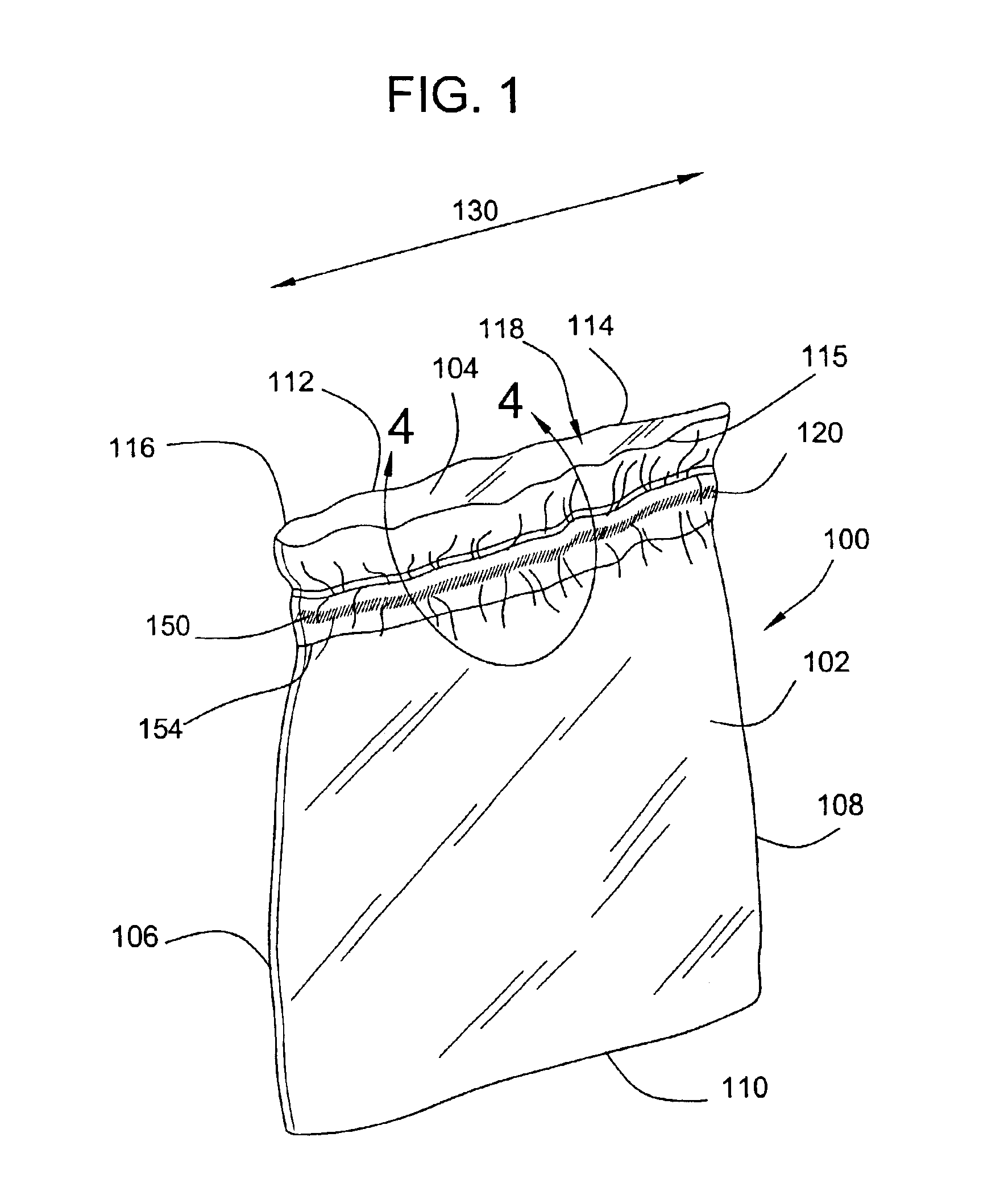 Bag with elastic strip and method of making the same