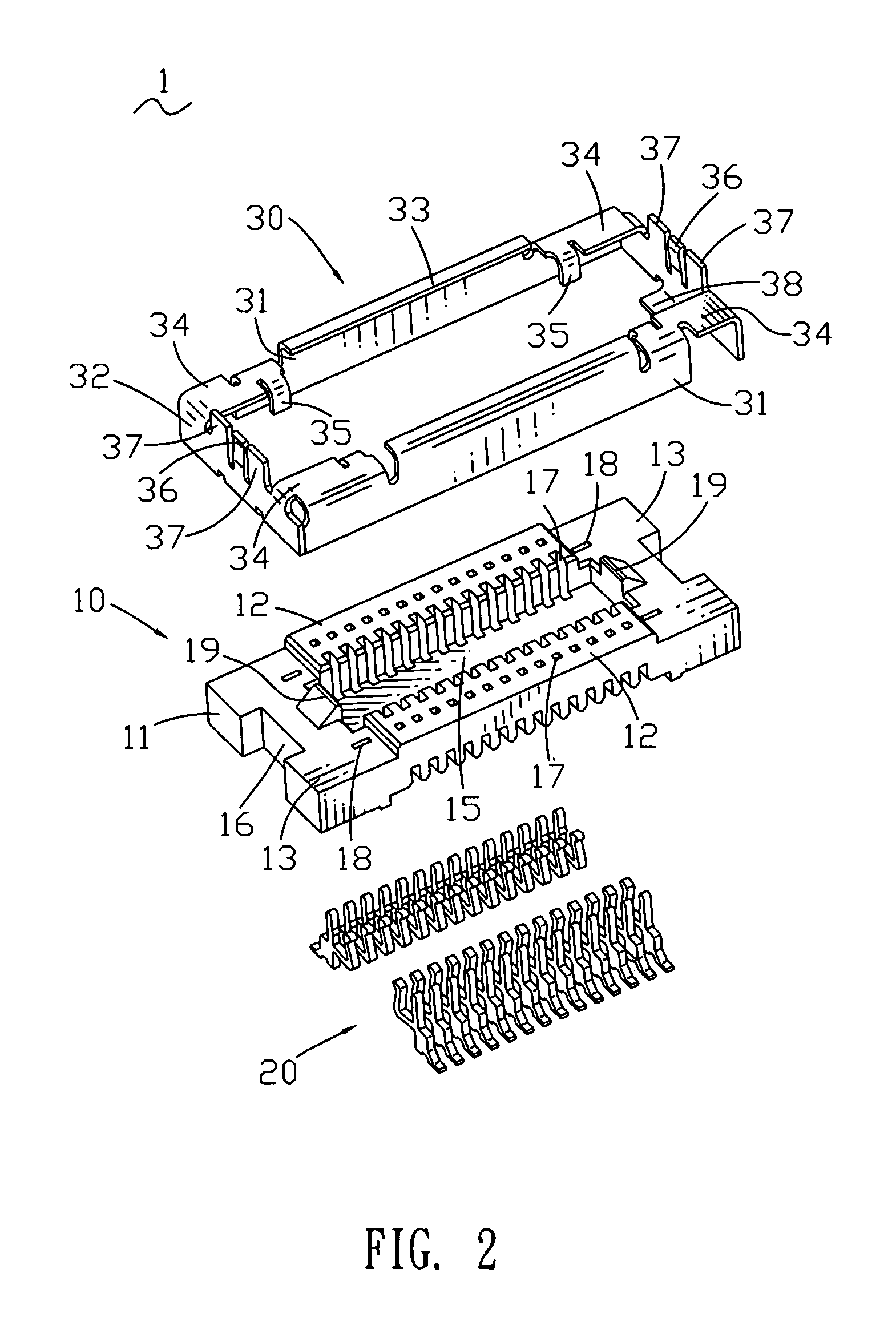 Board-to-board connector assembly with EMI shielding shields