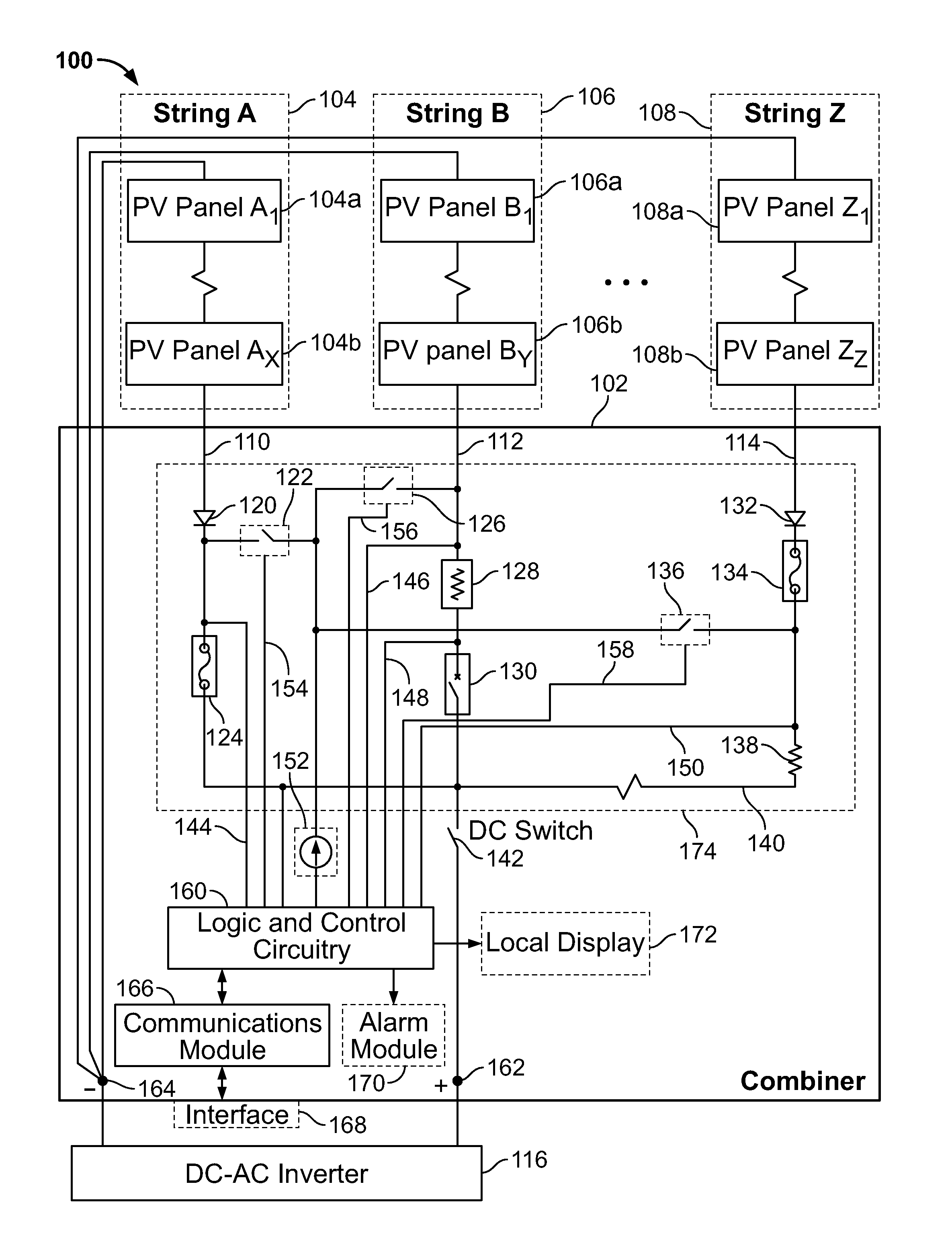 Solar combiner with integrated string current monitoring