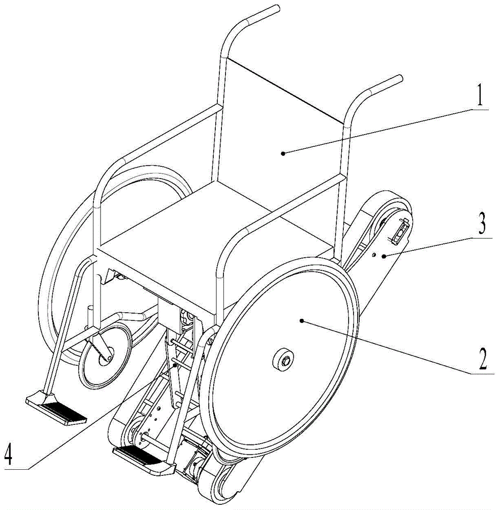 Double-section double-caterpillar-band stair climbing wheelchair based on travelling wheel swing and method for going upstairs and downstairs
