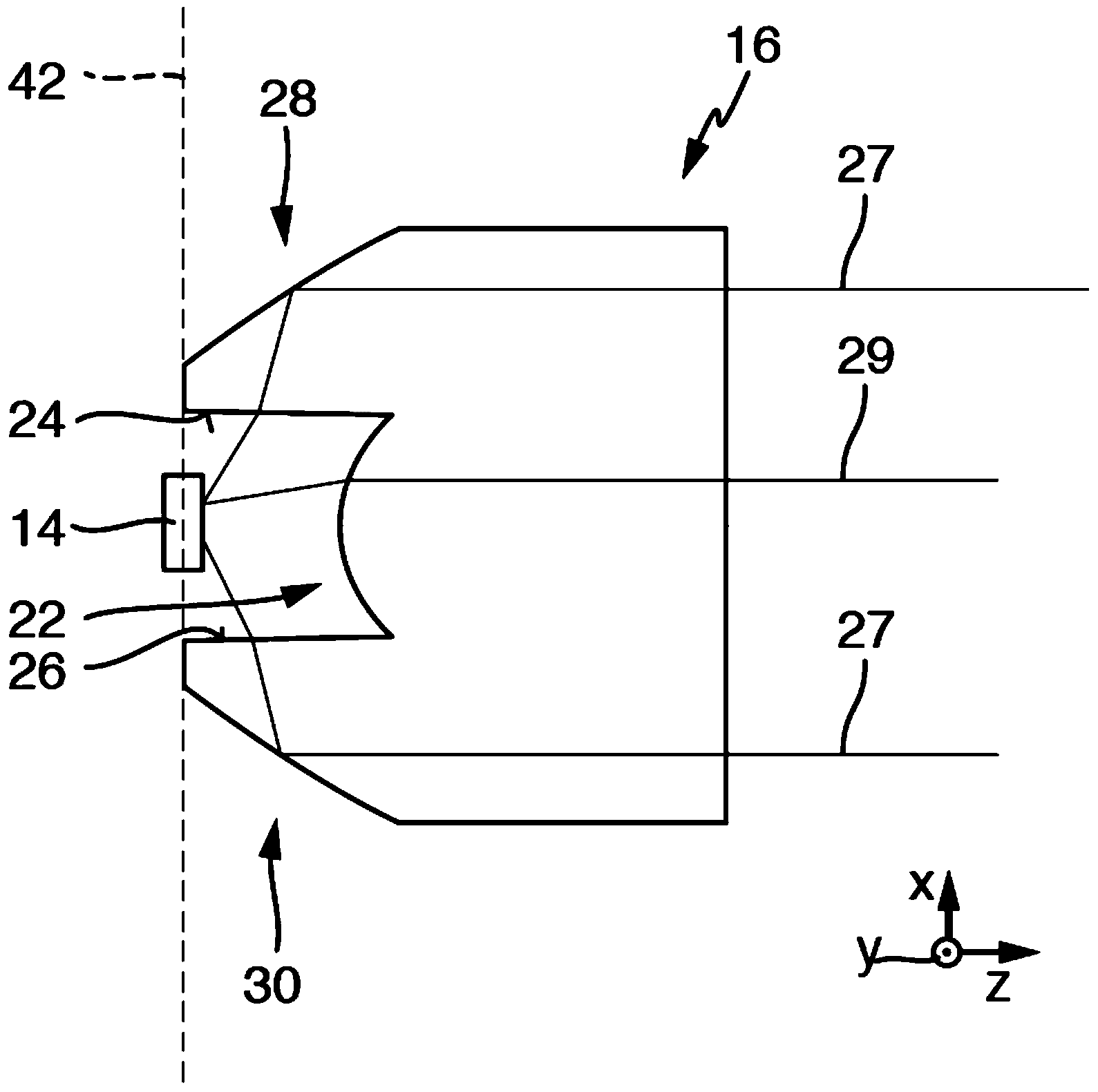Motor vehicle lighting device with a coupling lens and a transport and conversion lens
