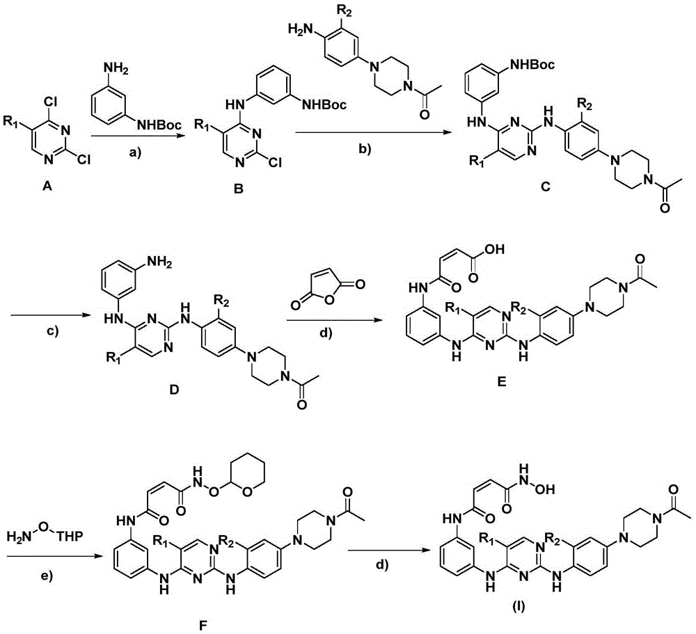 2,4-diarylamine pyrimidine derivatives containing hydroxamic acid fragments and preparation and application