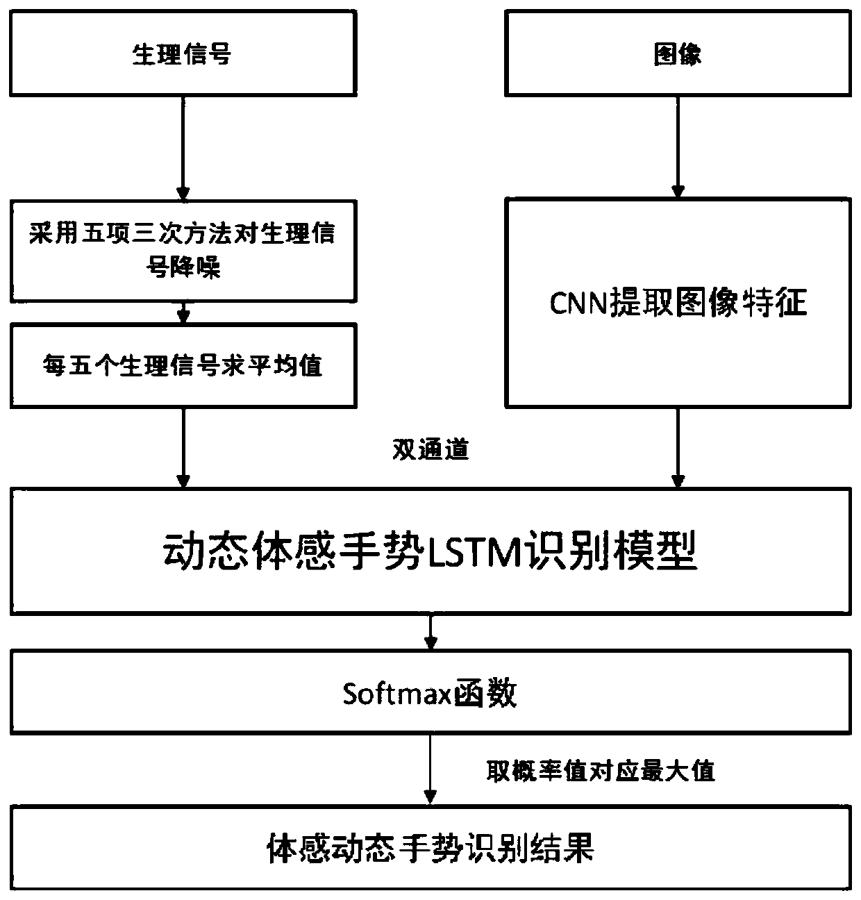 Somatosensory dynamic gesture recognition method fusing image and physiological signal double channels