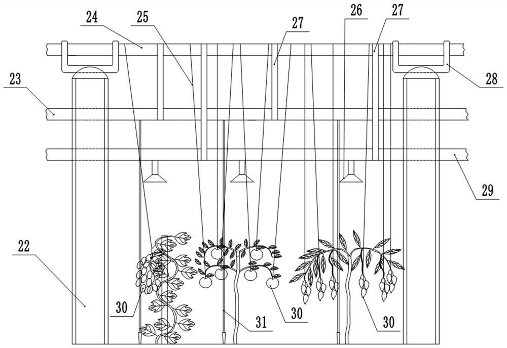 A method for using concrete pillars to support and hang fruit and irrigate and spray fruit trees
