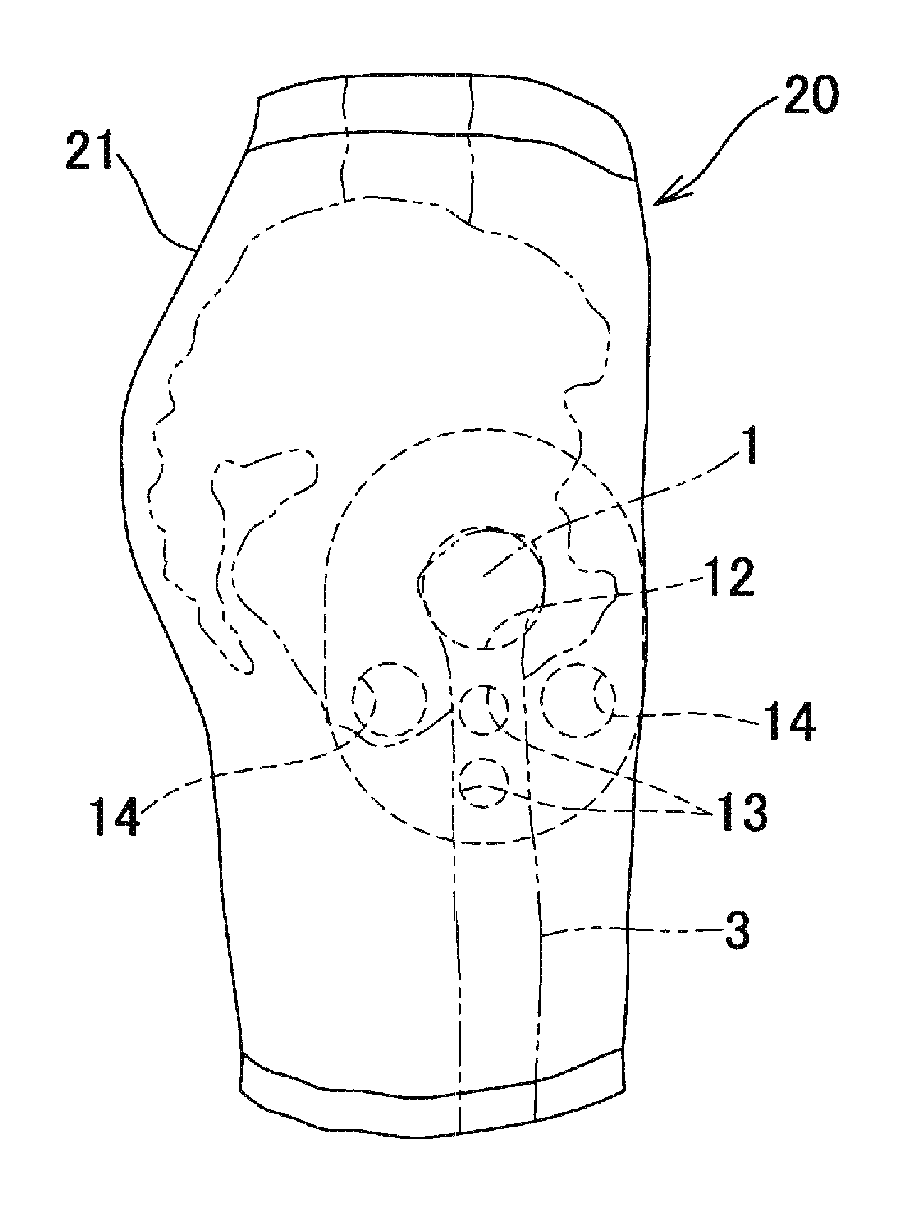 Impact-absorbing pad, clothing furnished with same and method for preventing femoral fractures