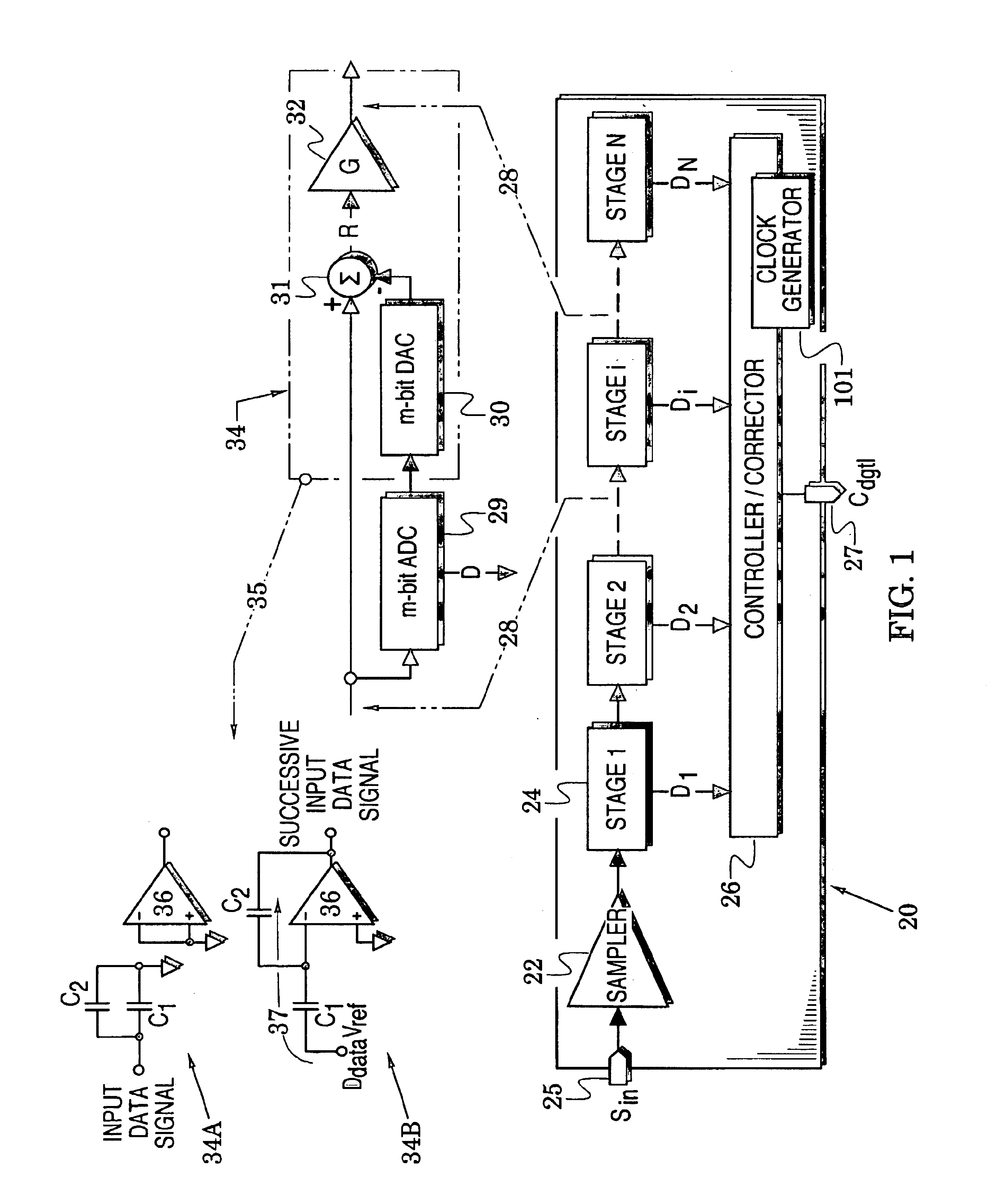 Analog-to-digital converter methods and structures for interleavably processing data signals and calibration signals