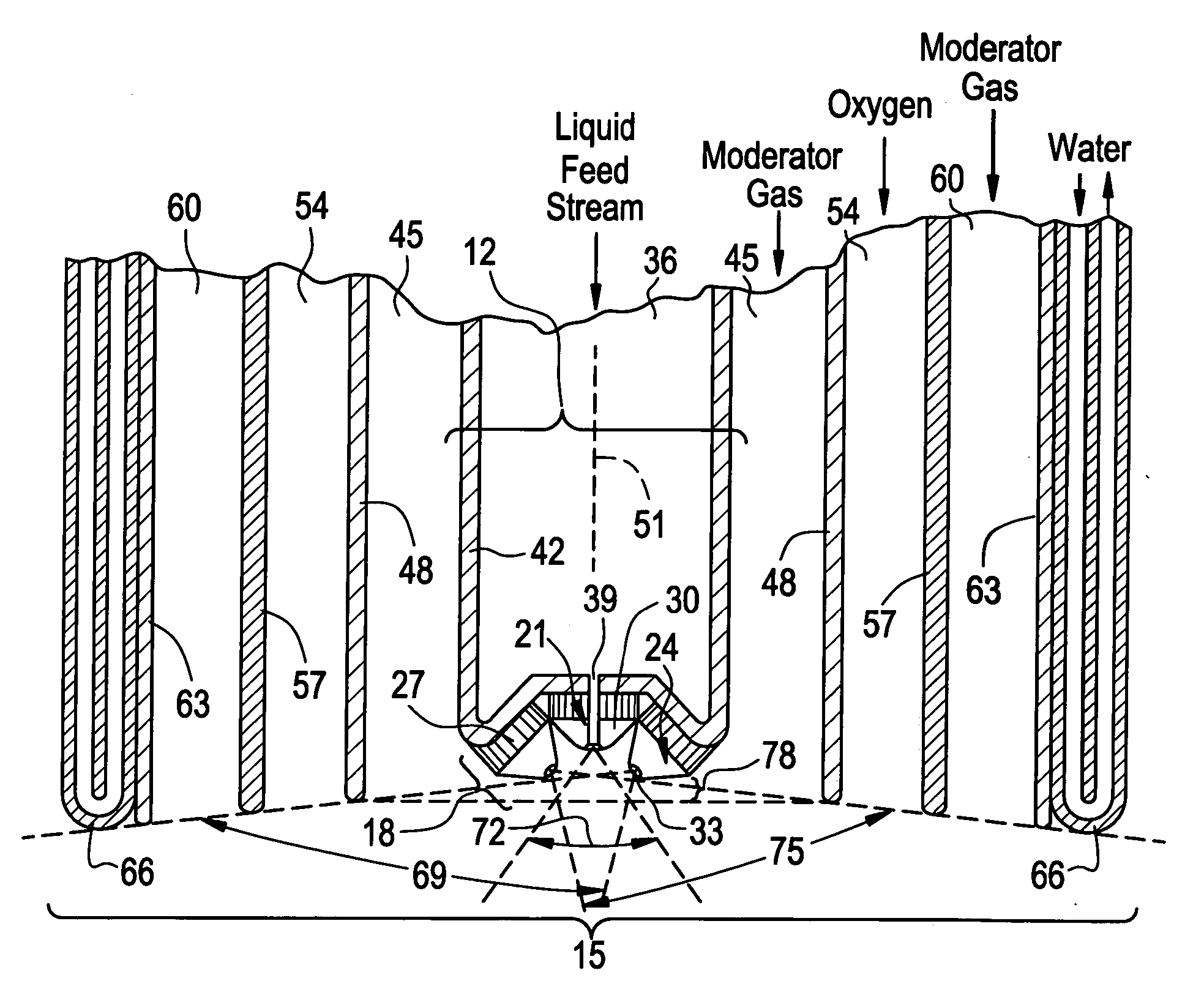 Feed nozzle assembly and burner apparatus for gas/liquid reactions