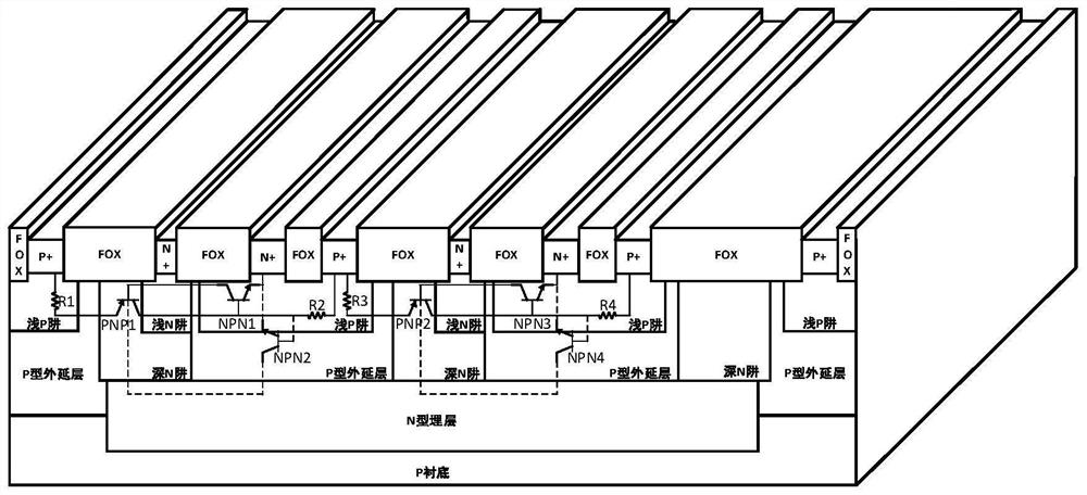 A segmented asymmetric thyristor electrostatic discharge device with embedded p+ implantation zone