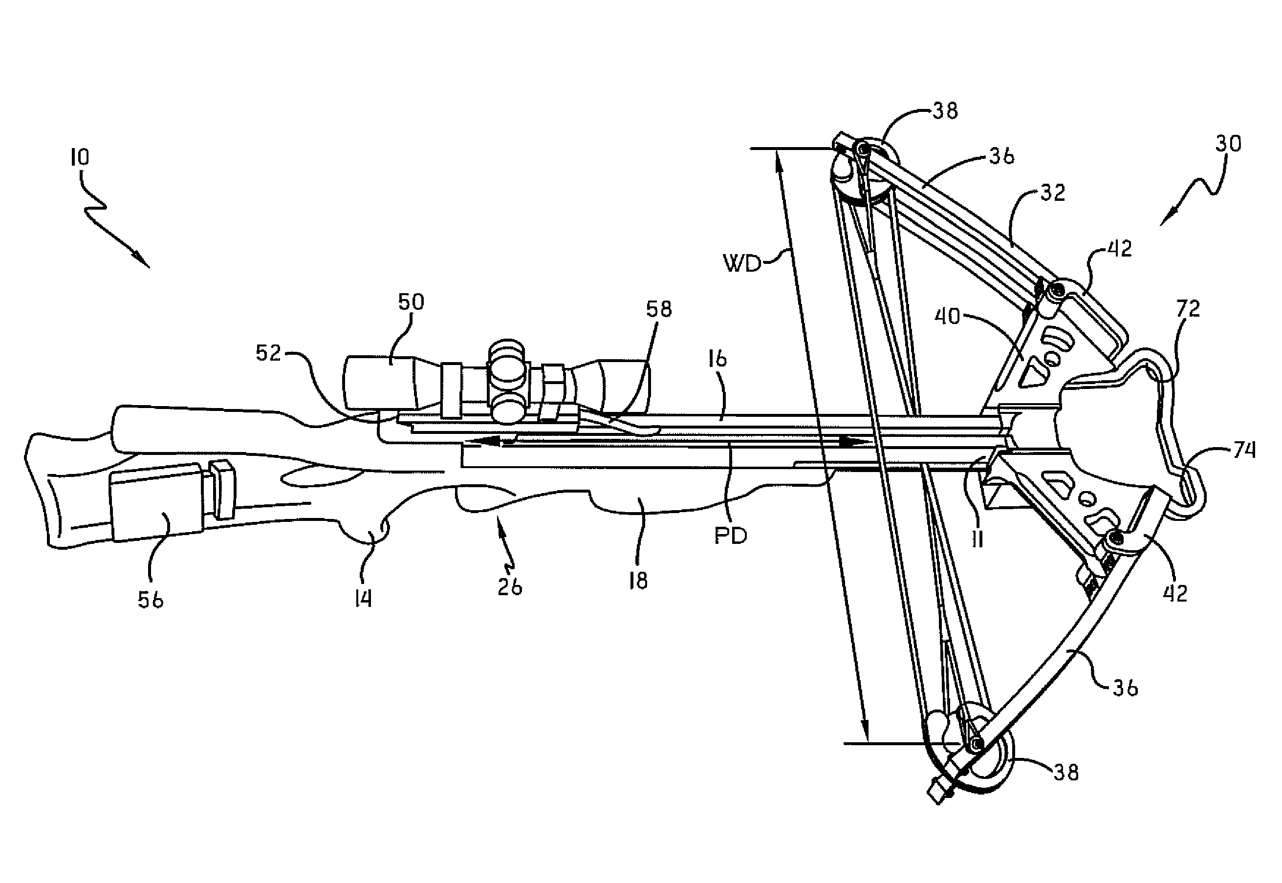 Narrow crossbow with large power stroke