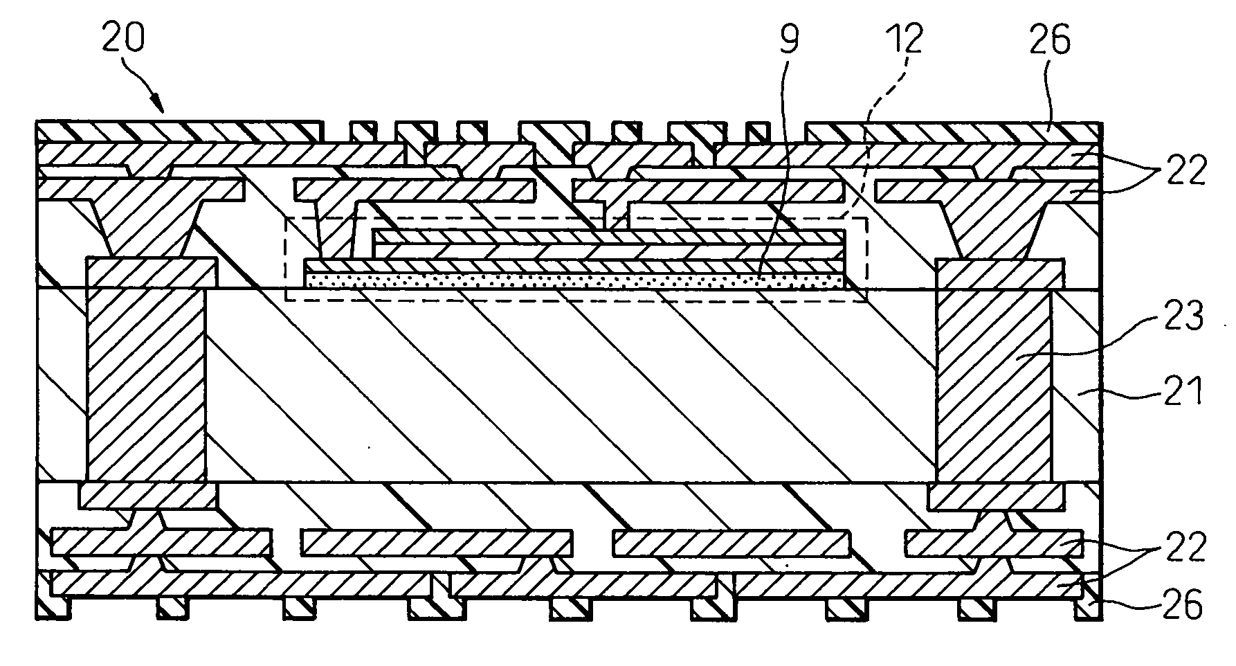 Electronic part-containing elements, electronic devices and production methods