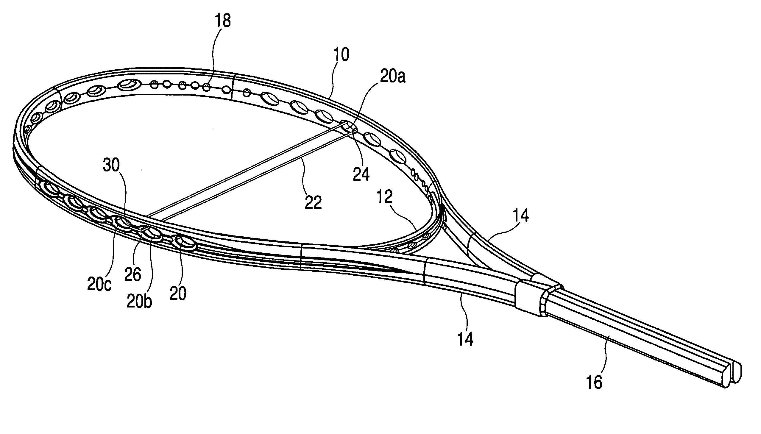 Sports racquet with string port holes