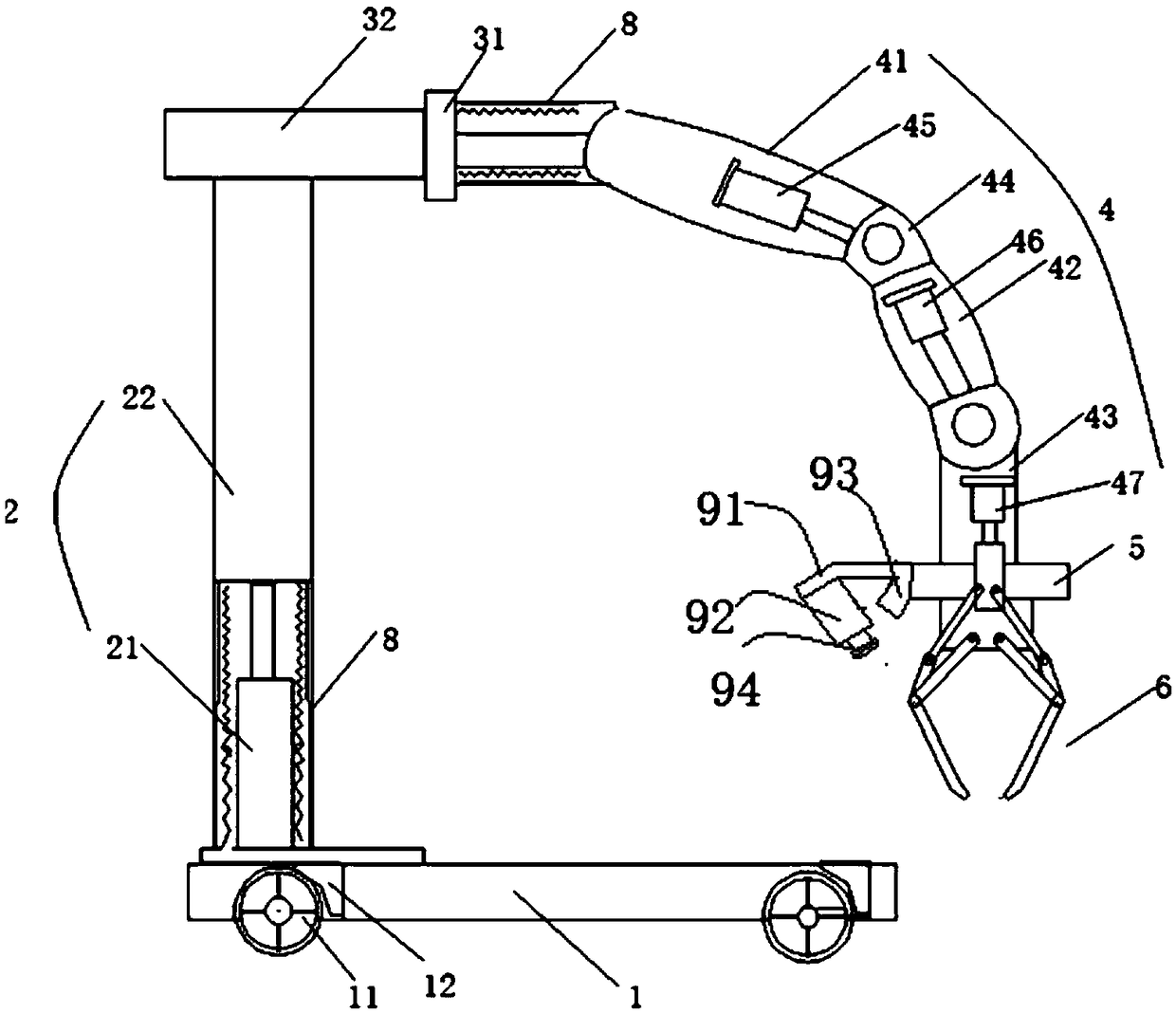 Material carrying mechanical arm capable of rotating and displacing and working method thereof