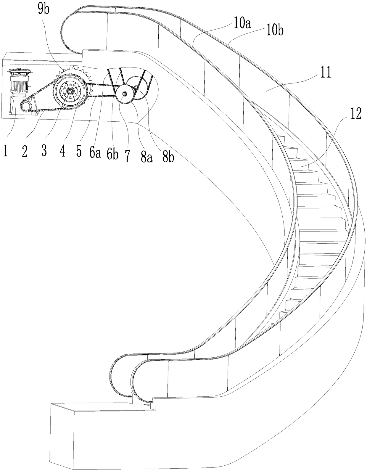 Handrail belt driving device of spiral escalator