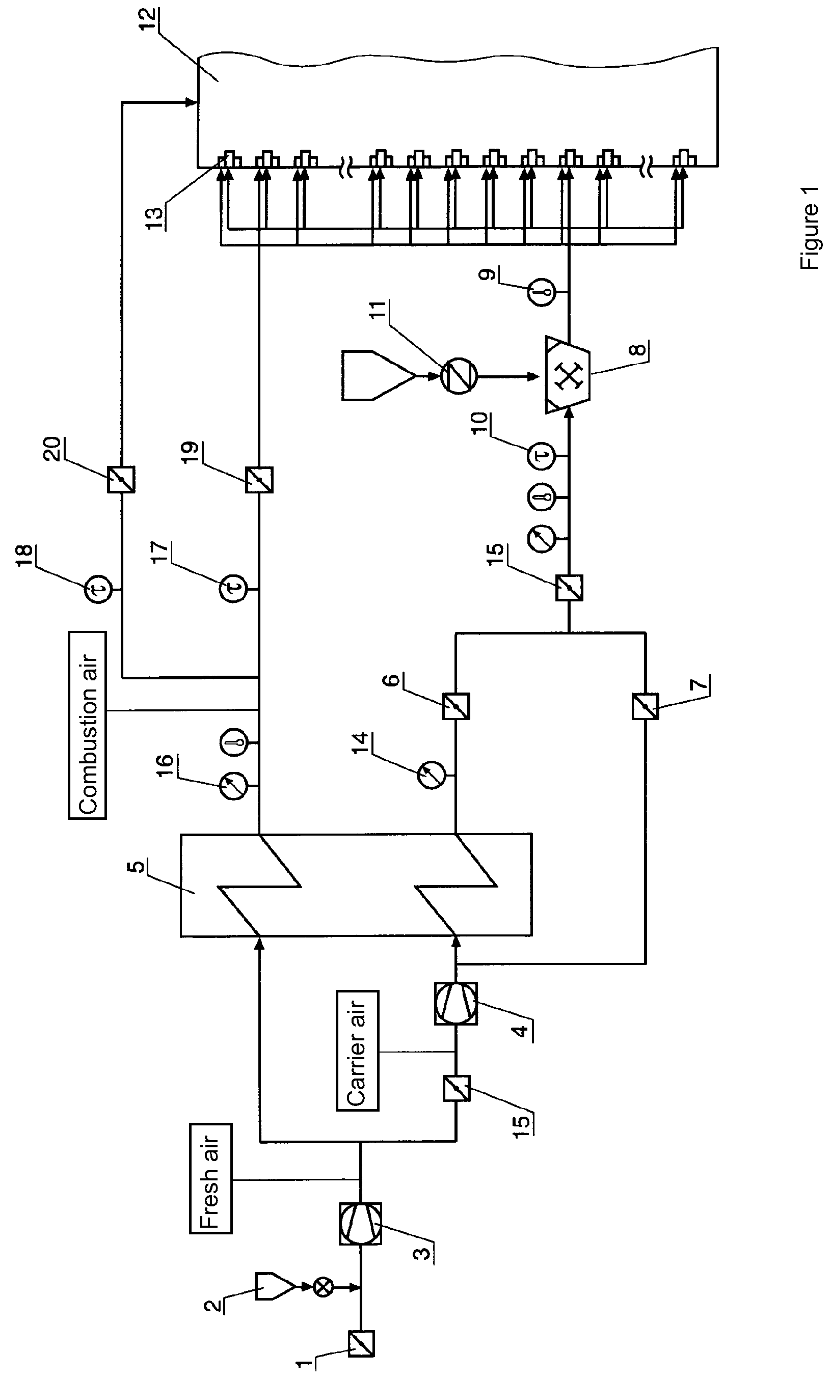 Device and method for controlling the fuel-air ratio during the combustion of ground coal in the firing system of a coal power plant