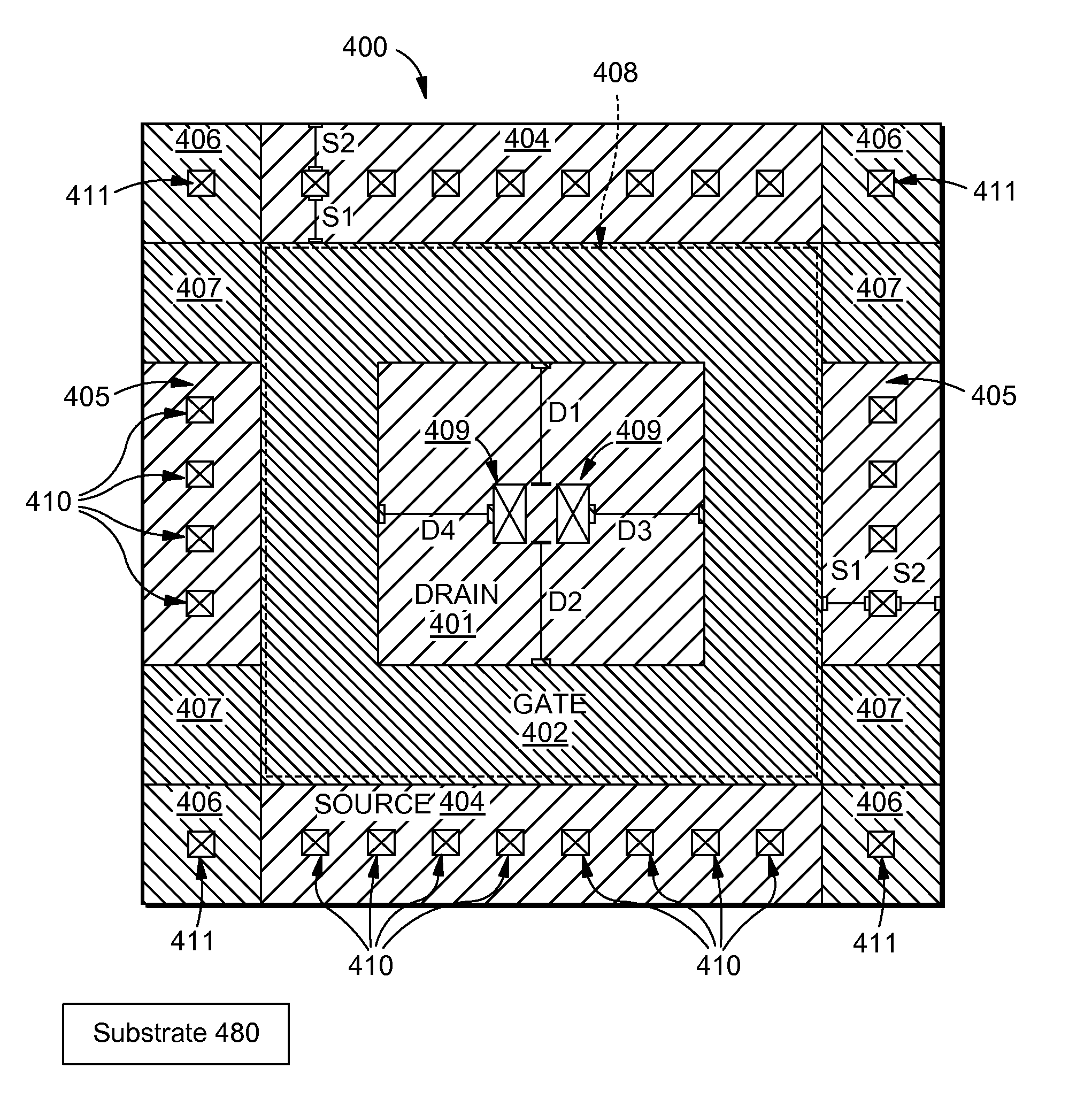 Geometry of MOS device with low on-resistance