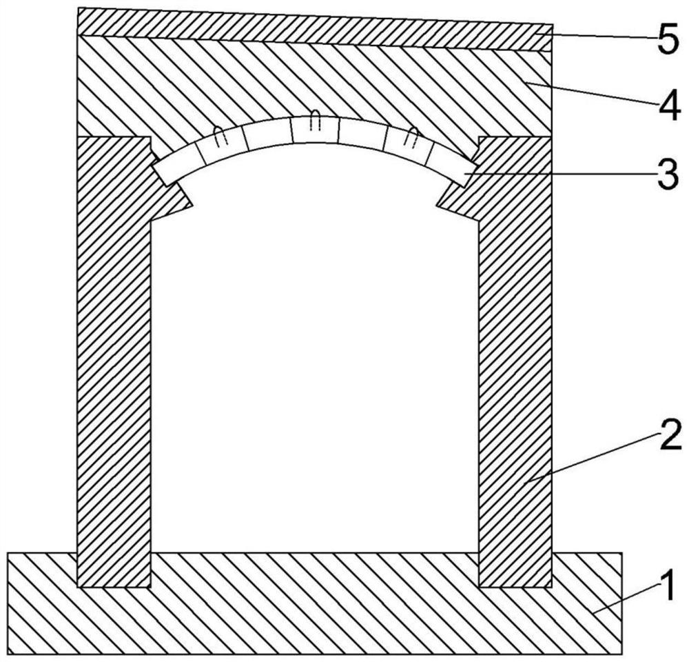 Avalanche impact resistant shed with prefabricated retaining wall and assembled arch structure and its construction method