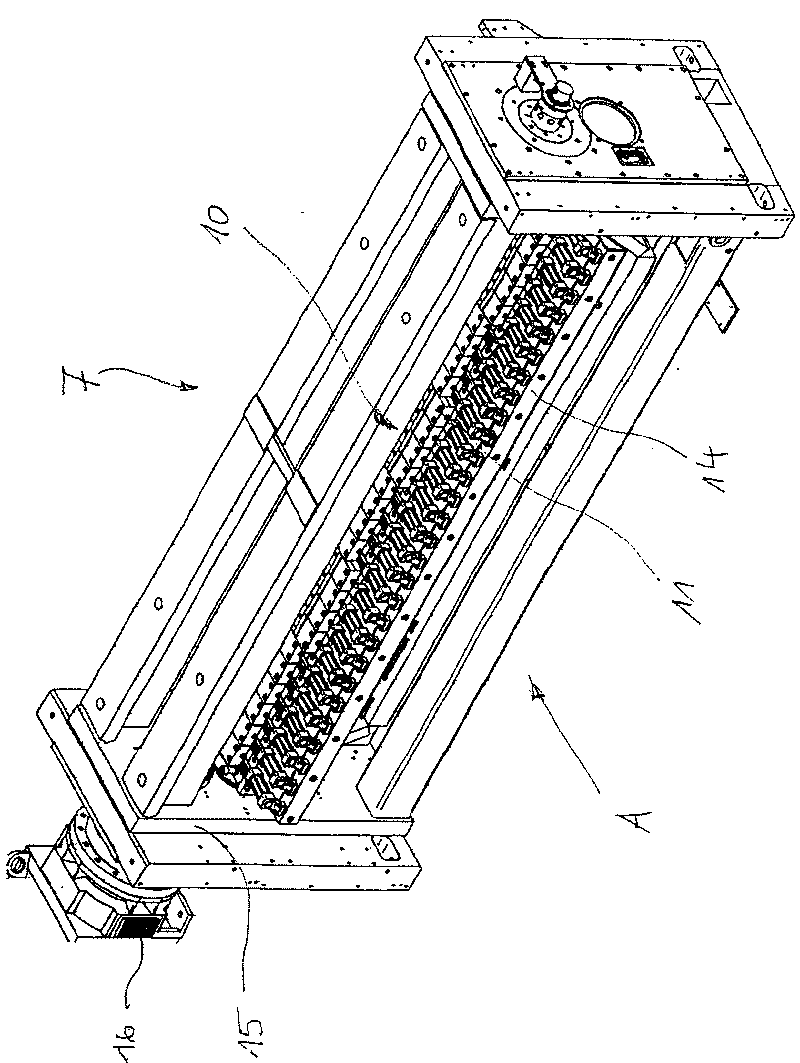 Device for cutting track-like material as well as method for producing cross sections in a track-like material