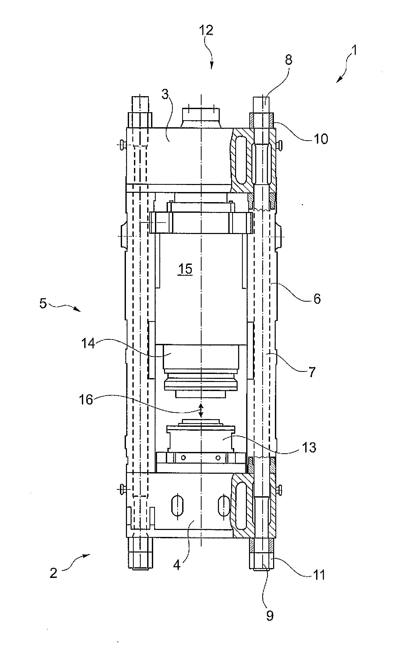 Device for pre-tensioning a machine frame, machine frame, and pressing and drawing device