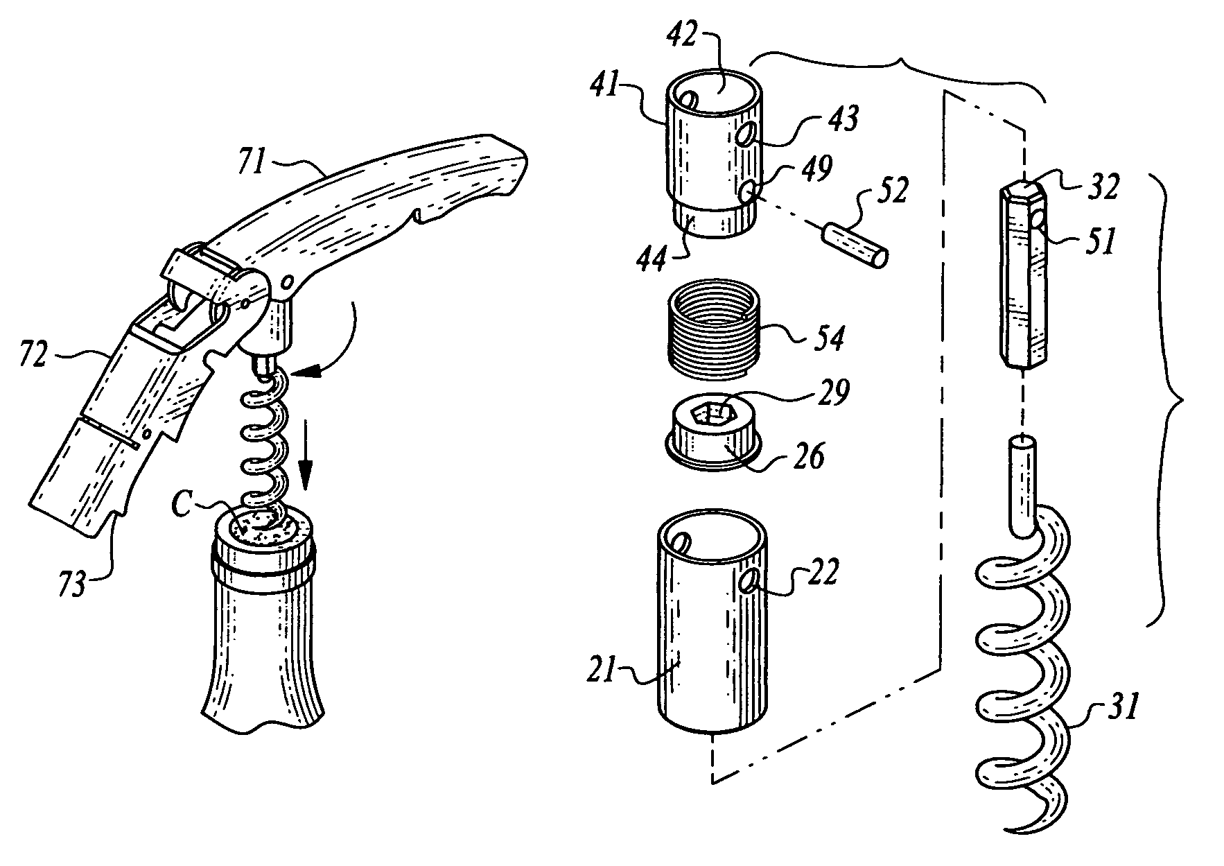 Corkscrew with unidirectional clutch drive