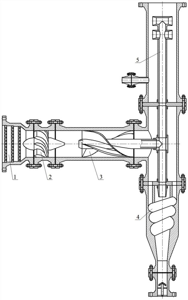 Micro-bubble axial flow and swirl double-field three-stage tube type T-type degassing device