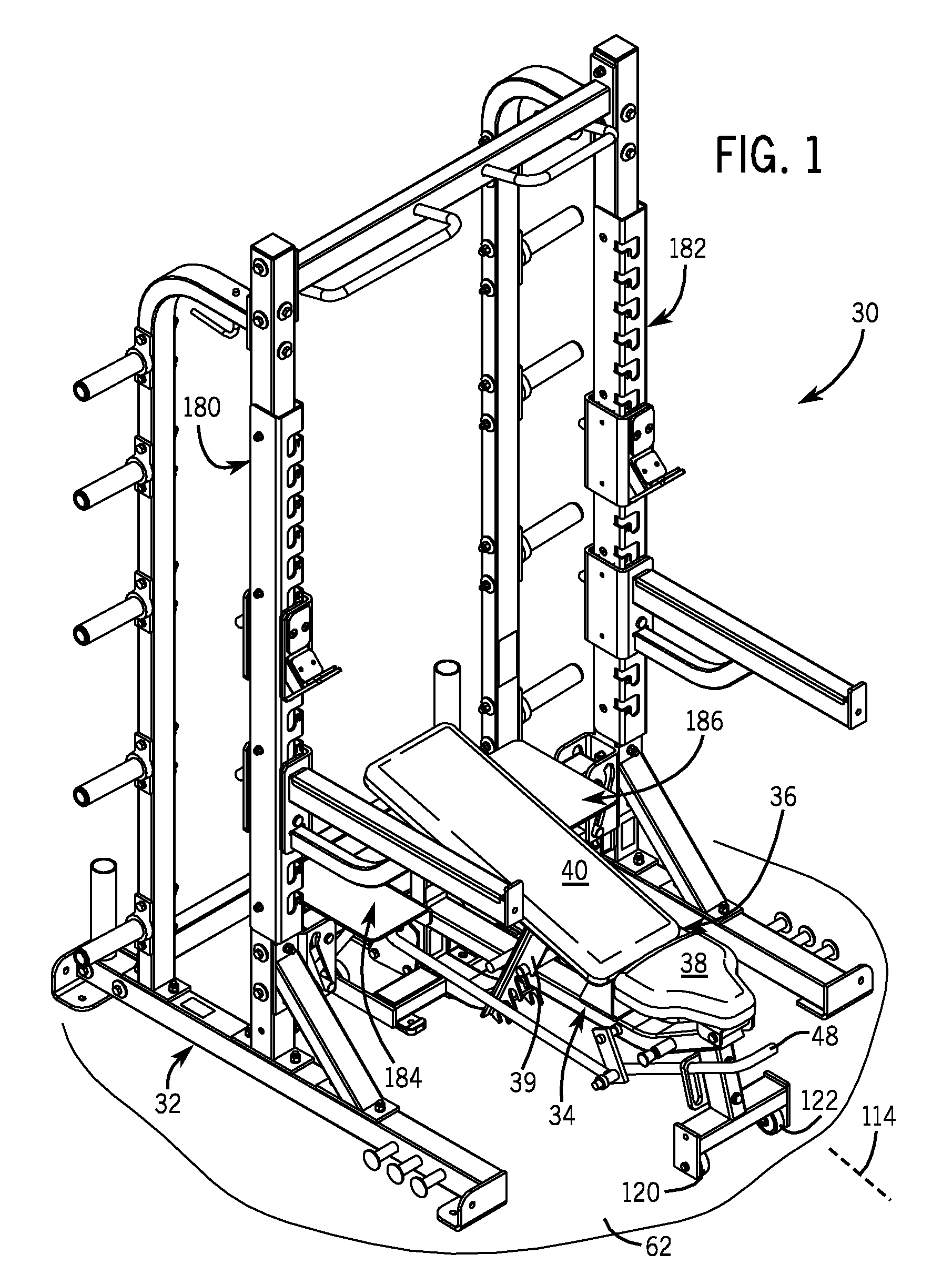 Exercise equipment with dock-and-lock and spotter platform
