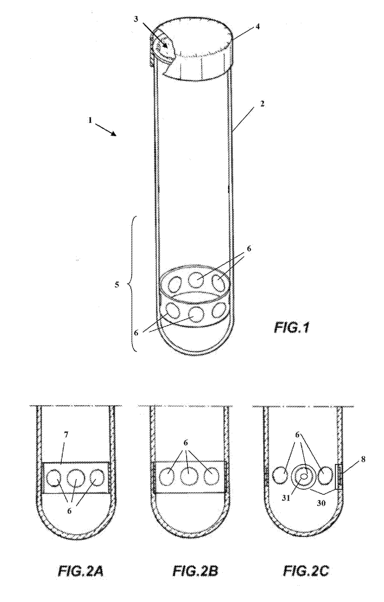 Container for determining of analytes and/or chemico-physical parameters, as well as determining of urinary sediment, in urine; and method of full urine analysis using this container