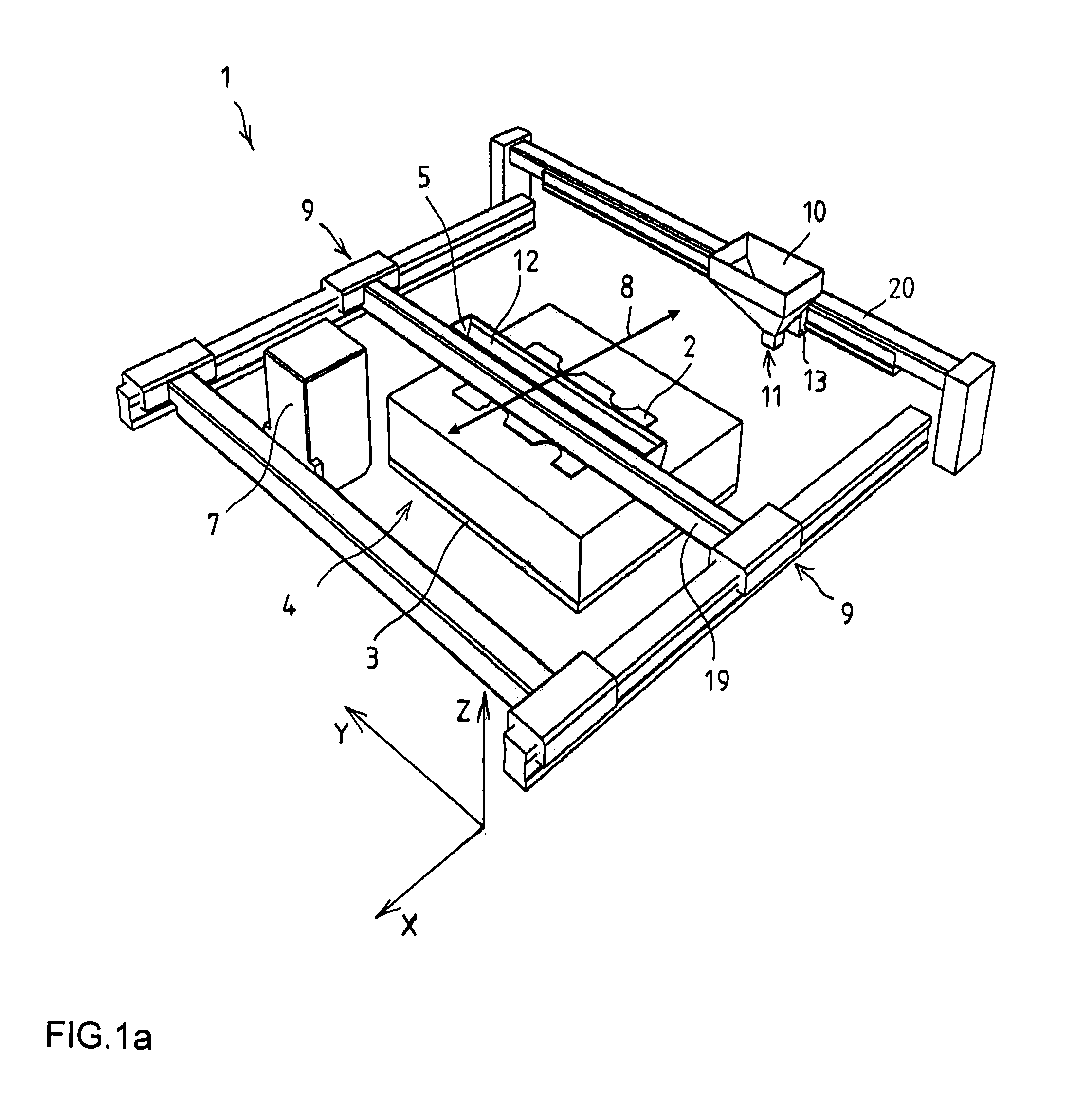Device for building a multilayer structure with storage container or filling container movable along the dispensing container