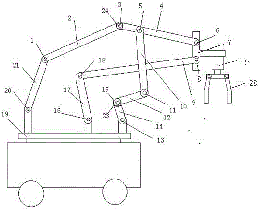 Novel variable-freedom-degree-linkage-mechanism feed stacking mechanical arm provided with rotation pair locking devices