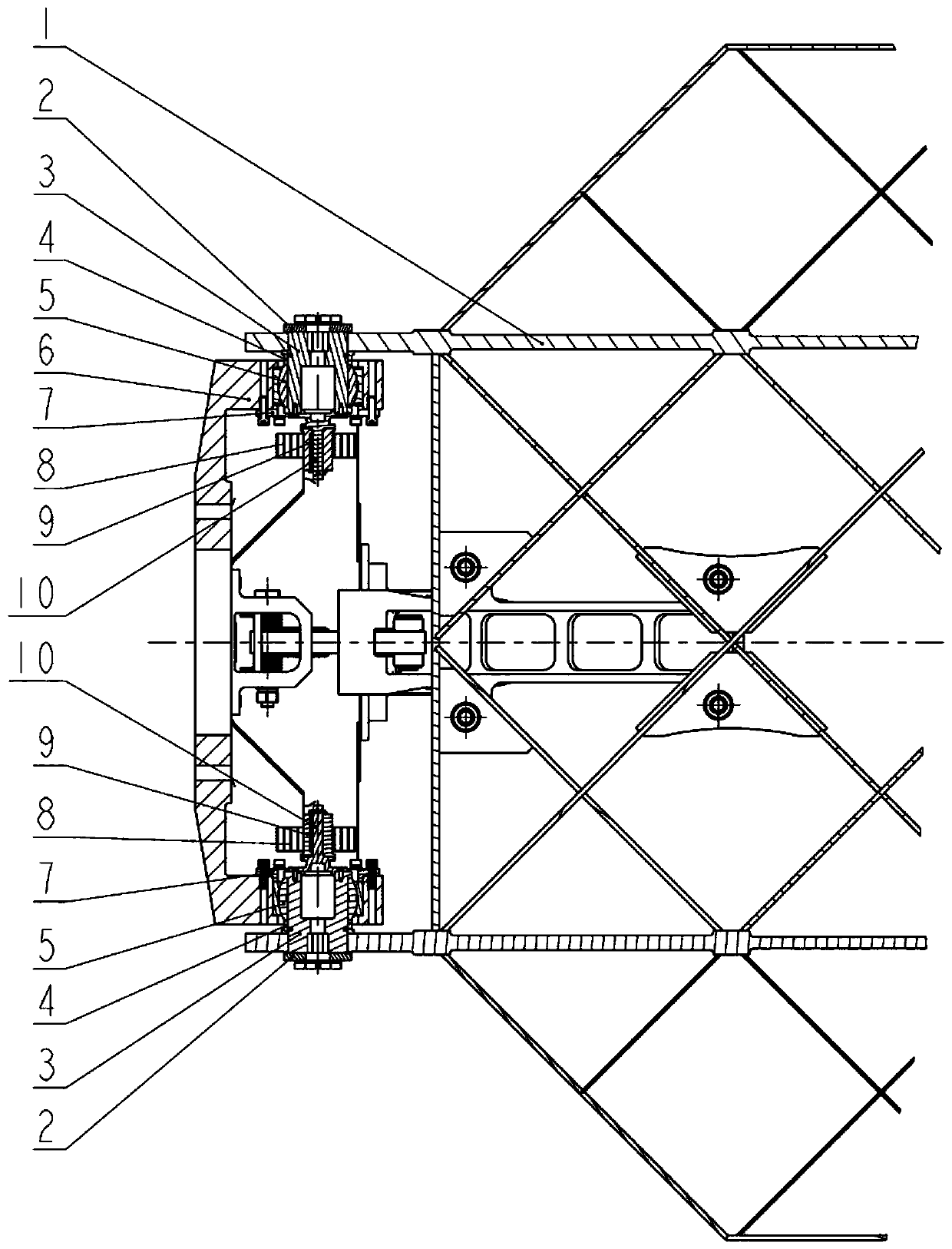 Grid rudder unfolding and locking mechanism for spaceflight conveyer