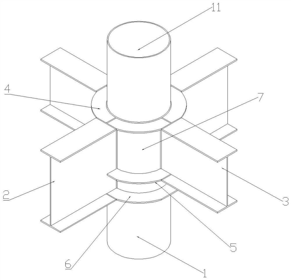 Direct-insertion type bolt-free connecting joint of closed cavity column and steel beams of three-layer annular plate structure