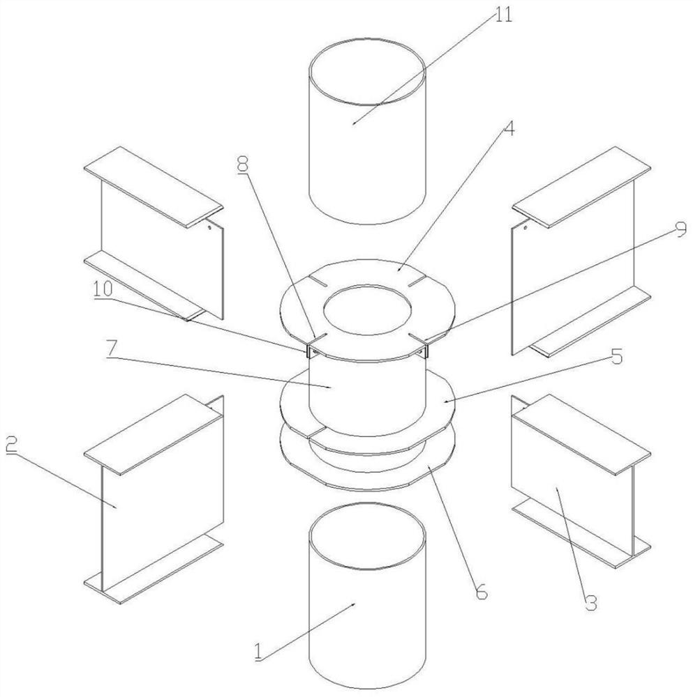 Direct-insertion type bolt-free connecting joint of closed cavity column and steel beams of three-layer annular plate structure