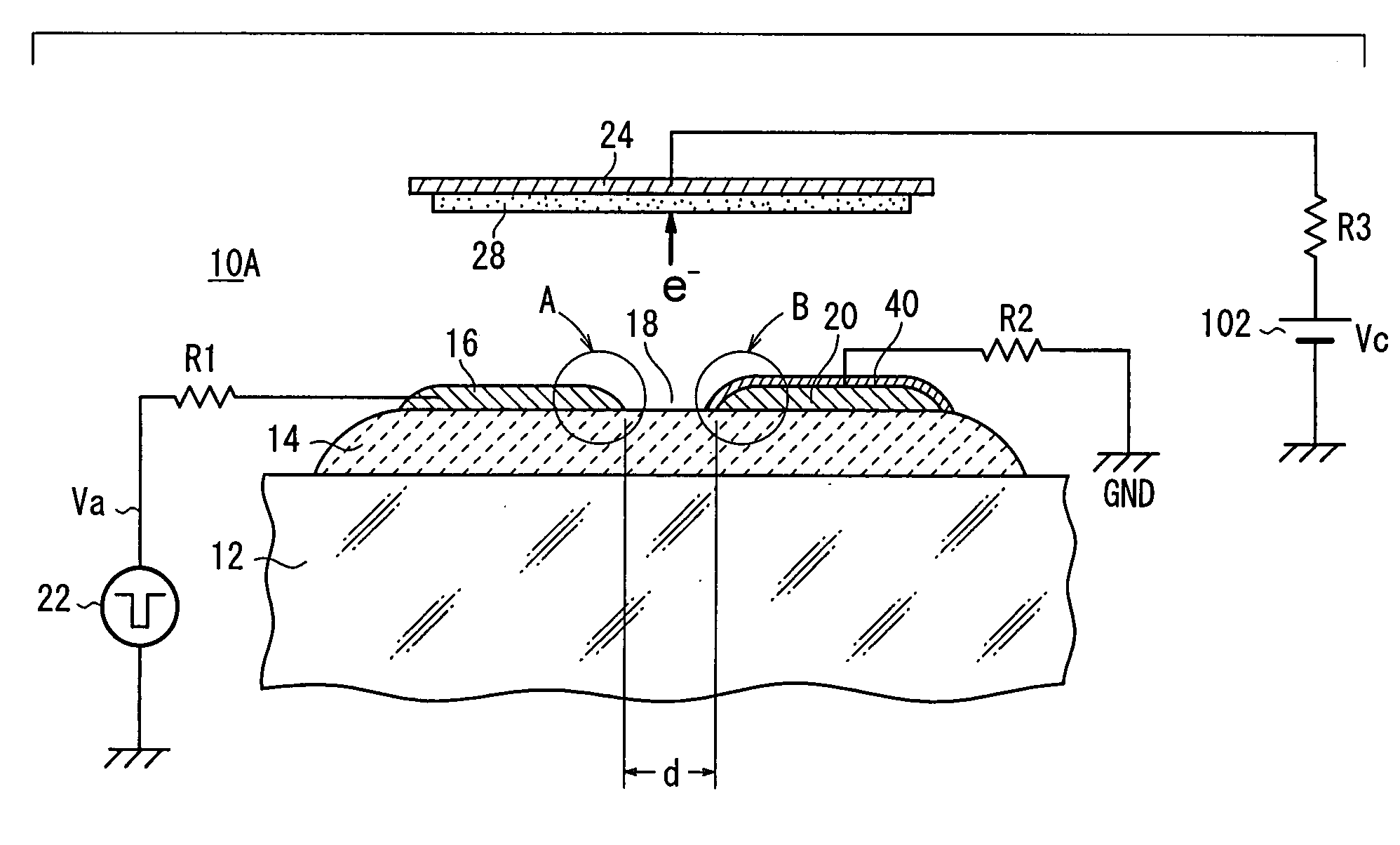 Electron emitter comprising emitter section made of dielectric material