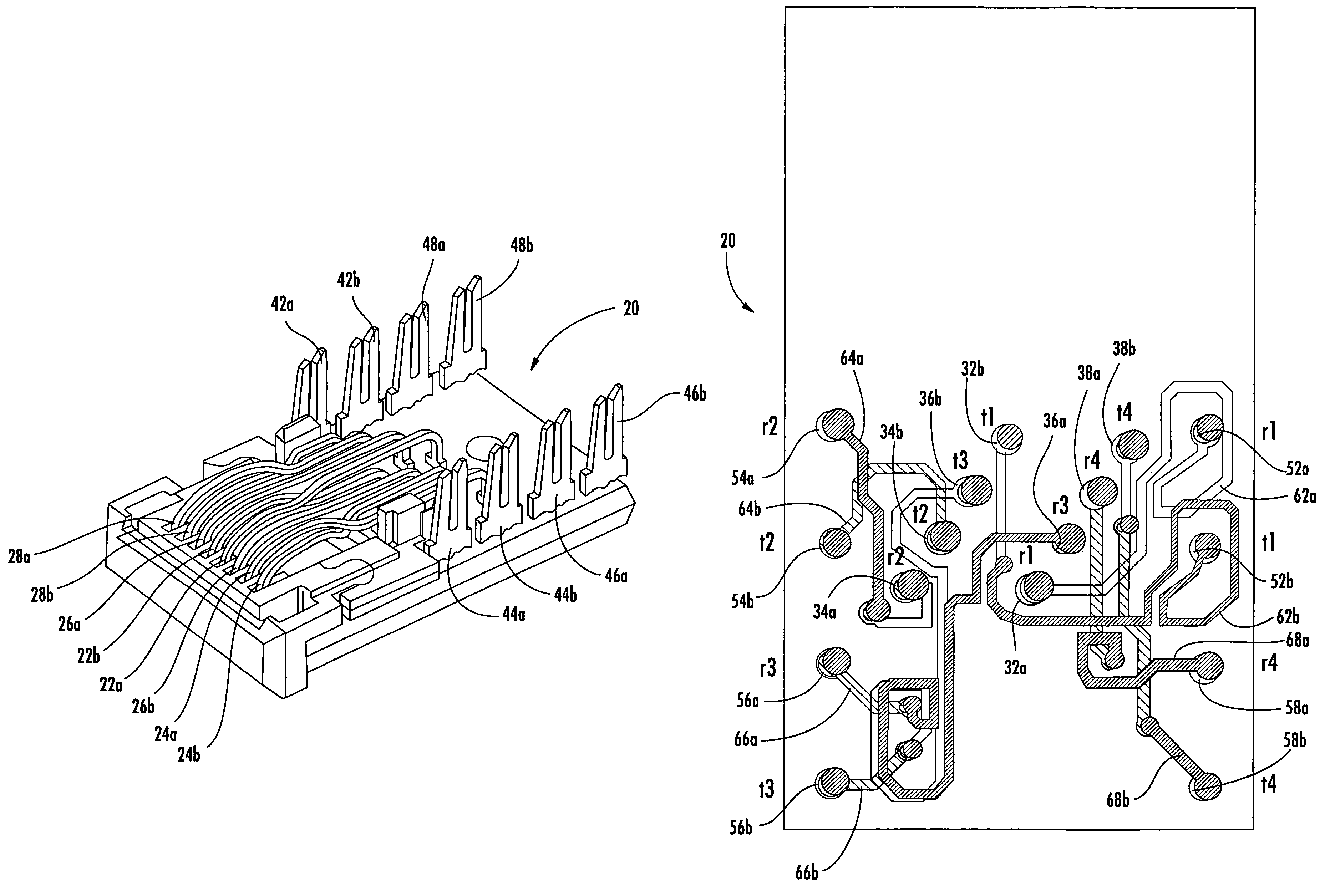 Communications jack with printed wiring board having self-coupling conductors